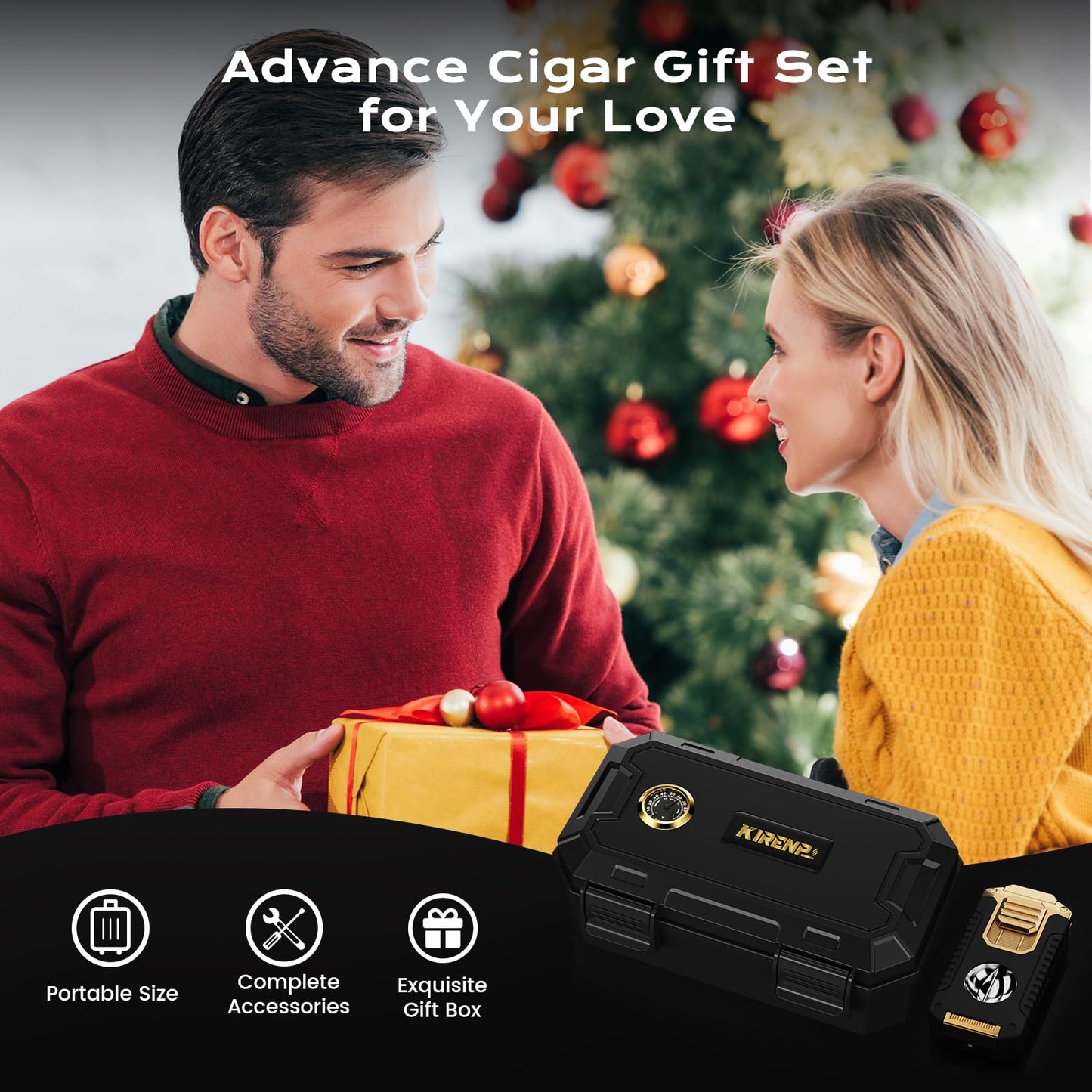 Travel Cigar Humidor Box set with Cigar Ashtray, Cigar Torch Lighter, Built-in V Cutter & Punch & Holder & Draw Enhancer Tool, Humidifier & Hygrometer, Portable Travel Cigar Case, Cigar Gifts for Men
