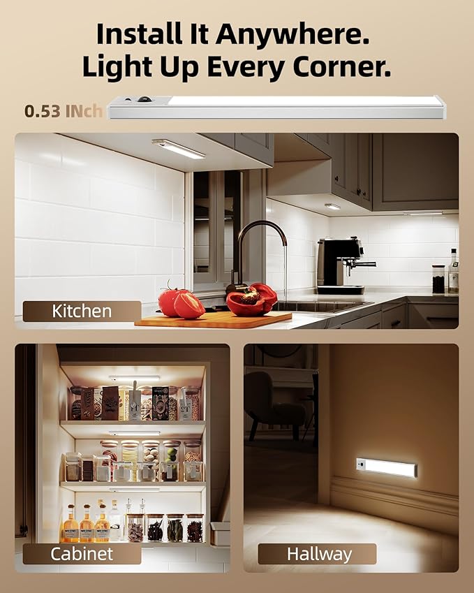EZVALO 5 Pack Under Cabinet Lighting, 3200mAh Rechargeable Motion Sensor Light, 12inch Magnetic Closet Lights with Dimmable & 3 Color Temps, Wireless Motion Activated Lights with Remote for Kitchen
