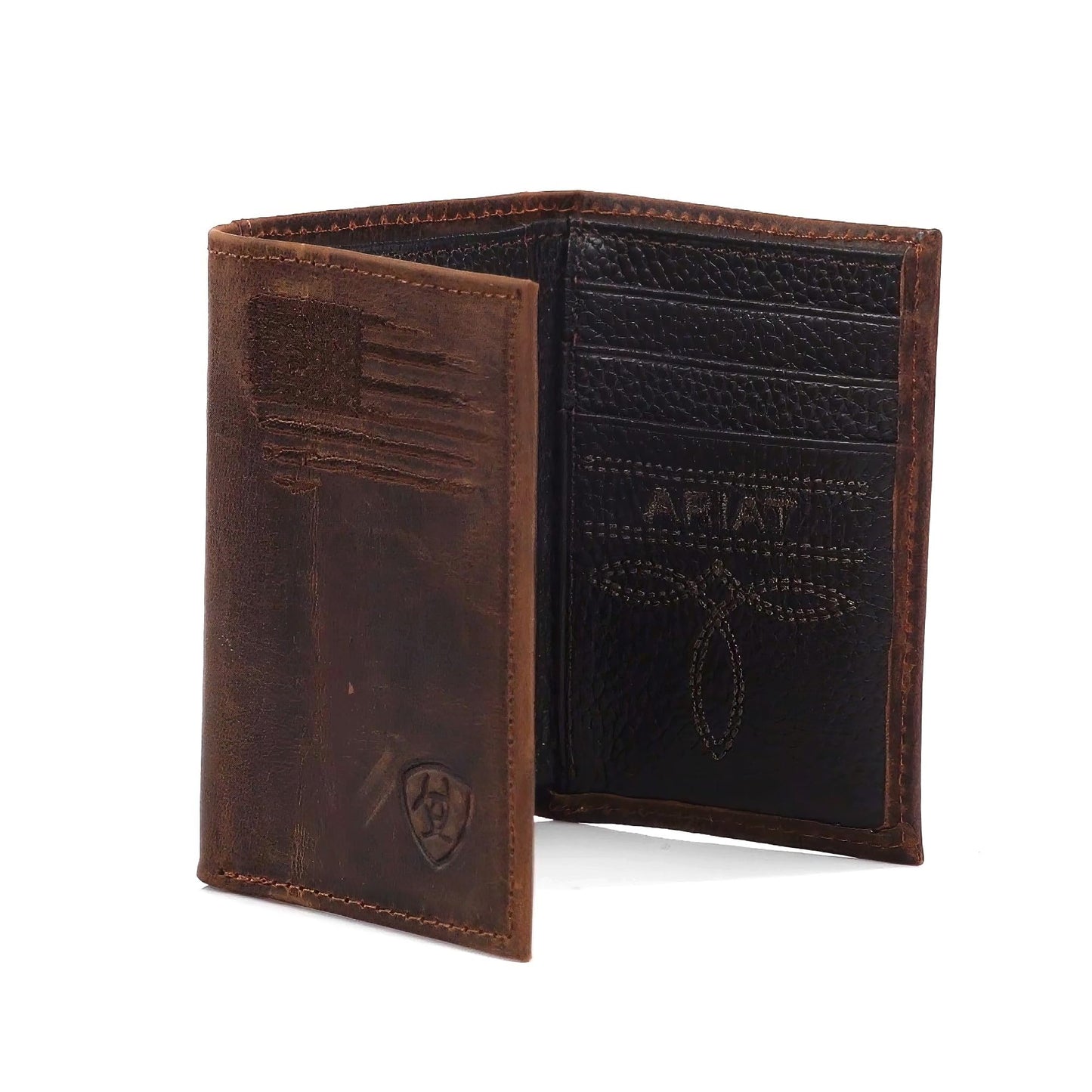 ARIAT Men's Distressed USA Flag Leather Trifold Wallet