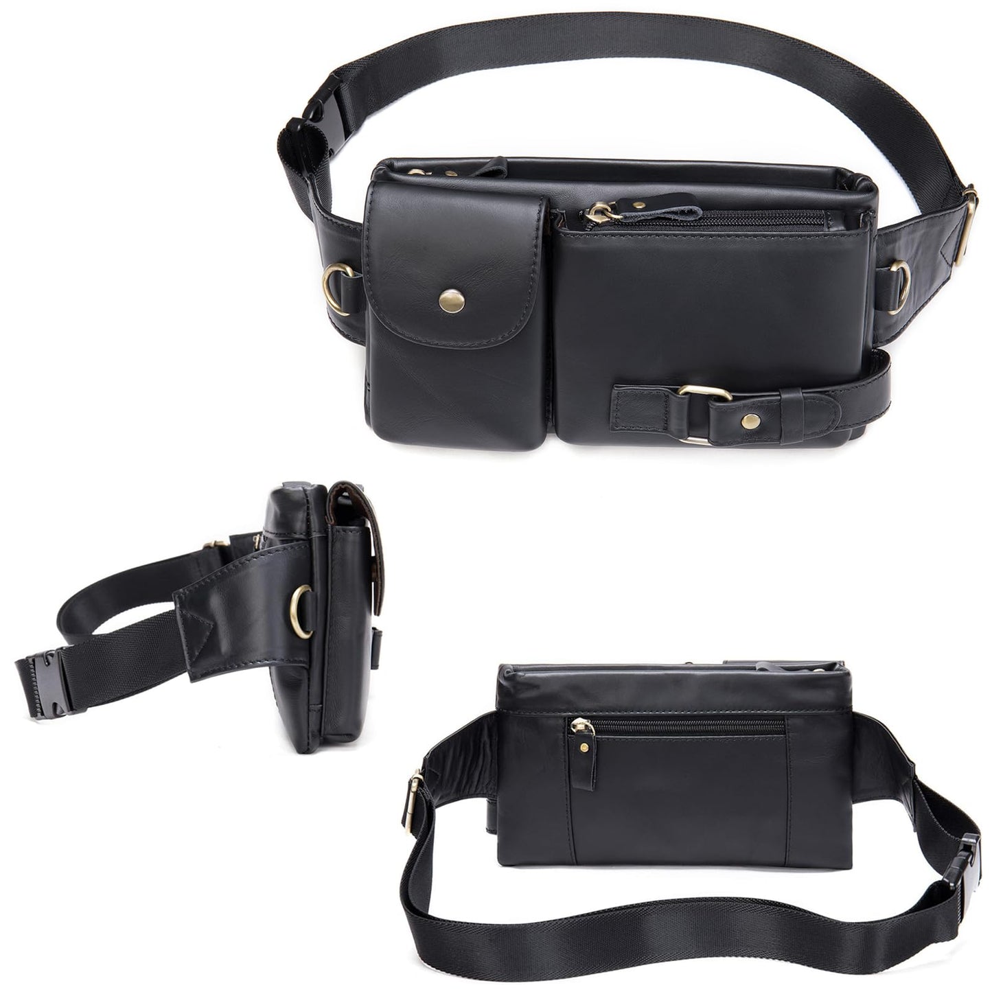 NIUCUNZH Cowhide Waist Fanny Pack-Genuine Leather and Slim with Adjustable Waistband Black