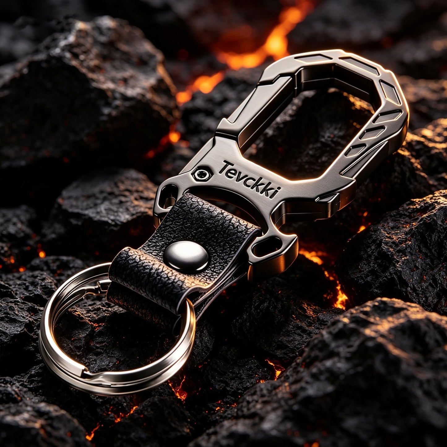 Tevckki Tactical leather keychains Carabiner Car Key Chains Bottle opener .Metal Clip Keychain with Anti-Lost 2 Key Rings Universal for men and women.(Black)