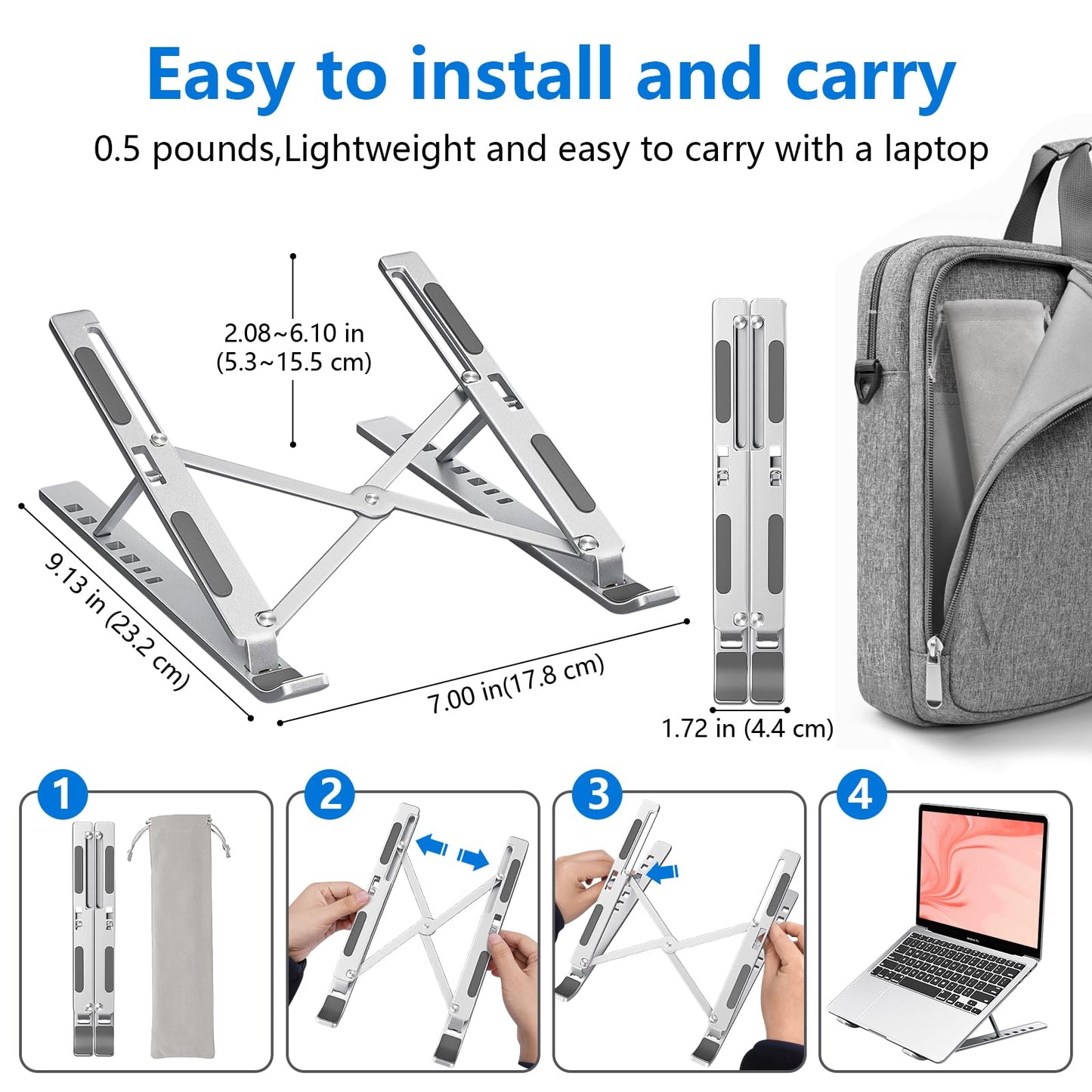 Sopholid Laptop Stand for Desk, Aluminum Metal MacBook Stand,Computer Riser for Desk, Portable Foldable Adjustable Notebook Holder, Compatible with 10-15.6 Inch Laptops, iPad, Silver.