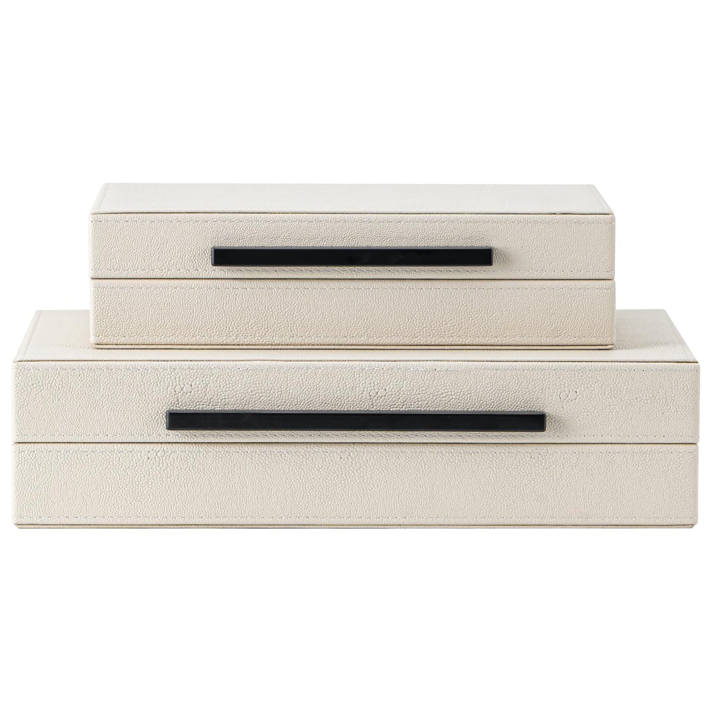 Set of 2 Beige Shagreen Decorative Storage Boxes with Black Metal Handles – Faux Leather Jewelry & Memory Boxes, Nesting Photo Organizers for Home Decor