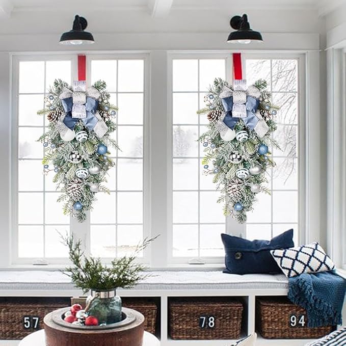 30" Christmas Teardrop Swag for Front Door Artificial Winter Swag Garland with Pine Cones, Berry Clusters, Blue Ball Ornaments and Ribbons for Thanksgiving Holiday Christmas Decoration