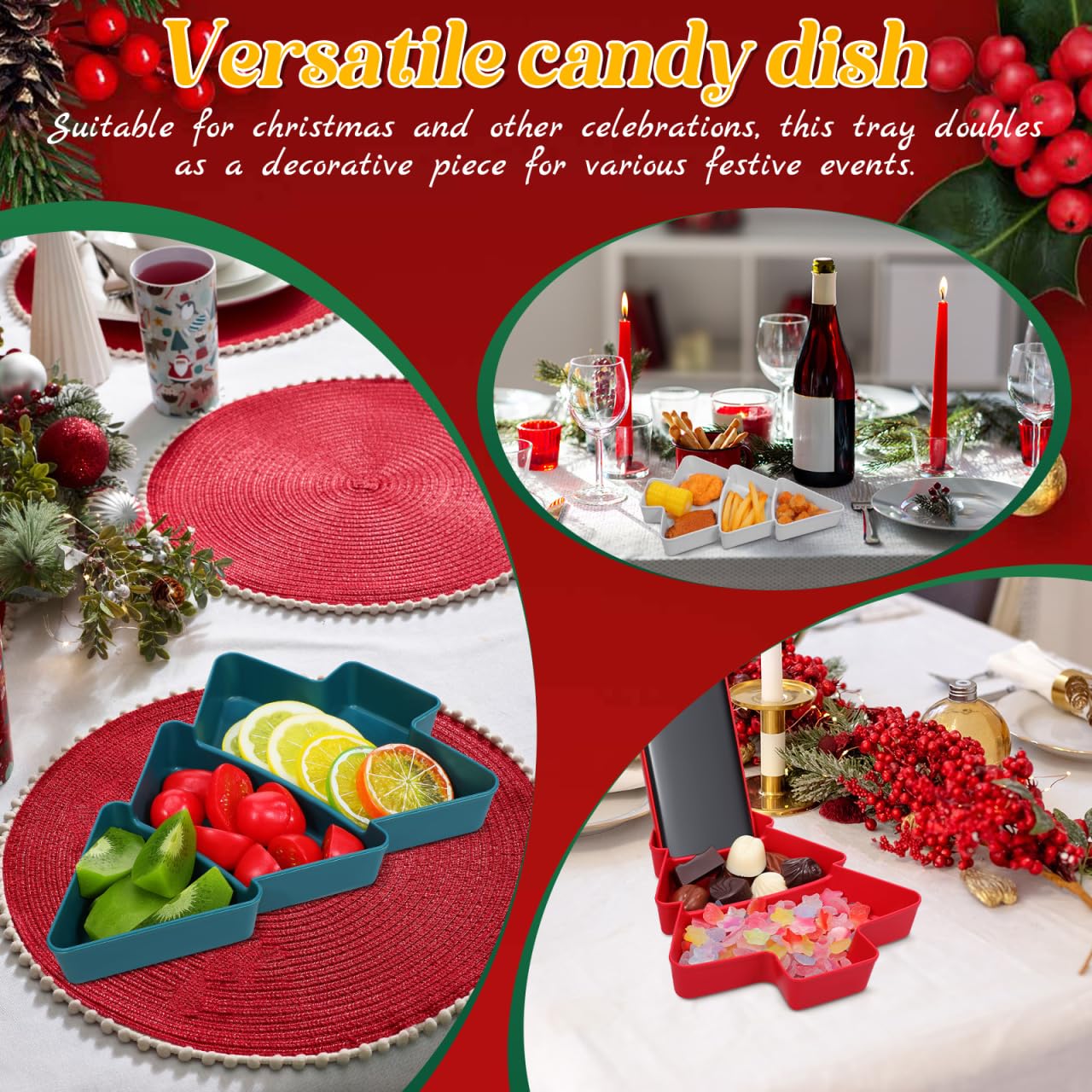 DEARMAMY Christmas Tree Snack Tray Set of 3 - Red Green White Plastic Divided Serving Plates for Holiday Parties, Candy, Nuts, Fruits, And Appetizers, Christmas Tree Shaped Platters for Entertaining