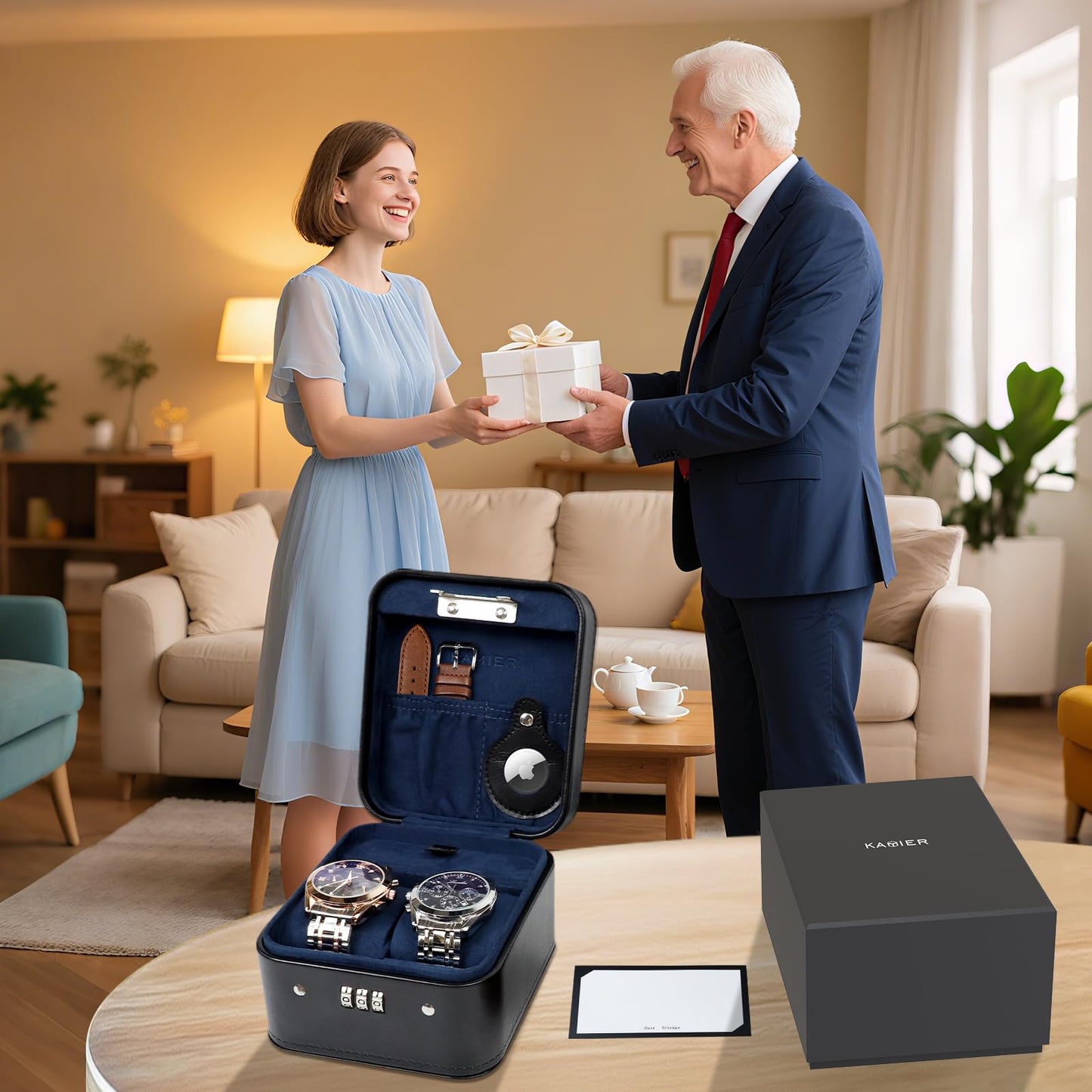 KAMIER Watch Travel Case with Combination Lock - 2 Watch Storage and Jewelry Organizer - Watch Case for Ring and Watch Storage, PU Leather Travel Watch Case, Ideal for Gift (With Gift Box) (Black)