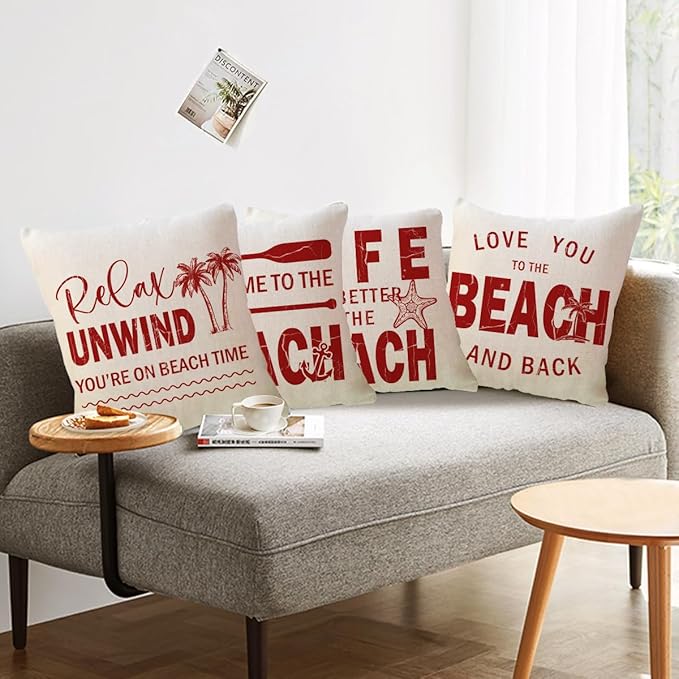 ULOVE LOVE YOURSELF Coastal Beach Throw Cushion Covers Double-Sided Tropical Palm Paddles Anchor Starfish Summer Beach House Decorative Pillowcase 18 x 18 Inch 4Pack Porch Patio Decor (Red)