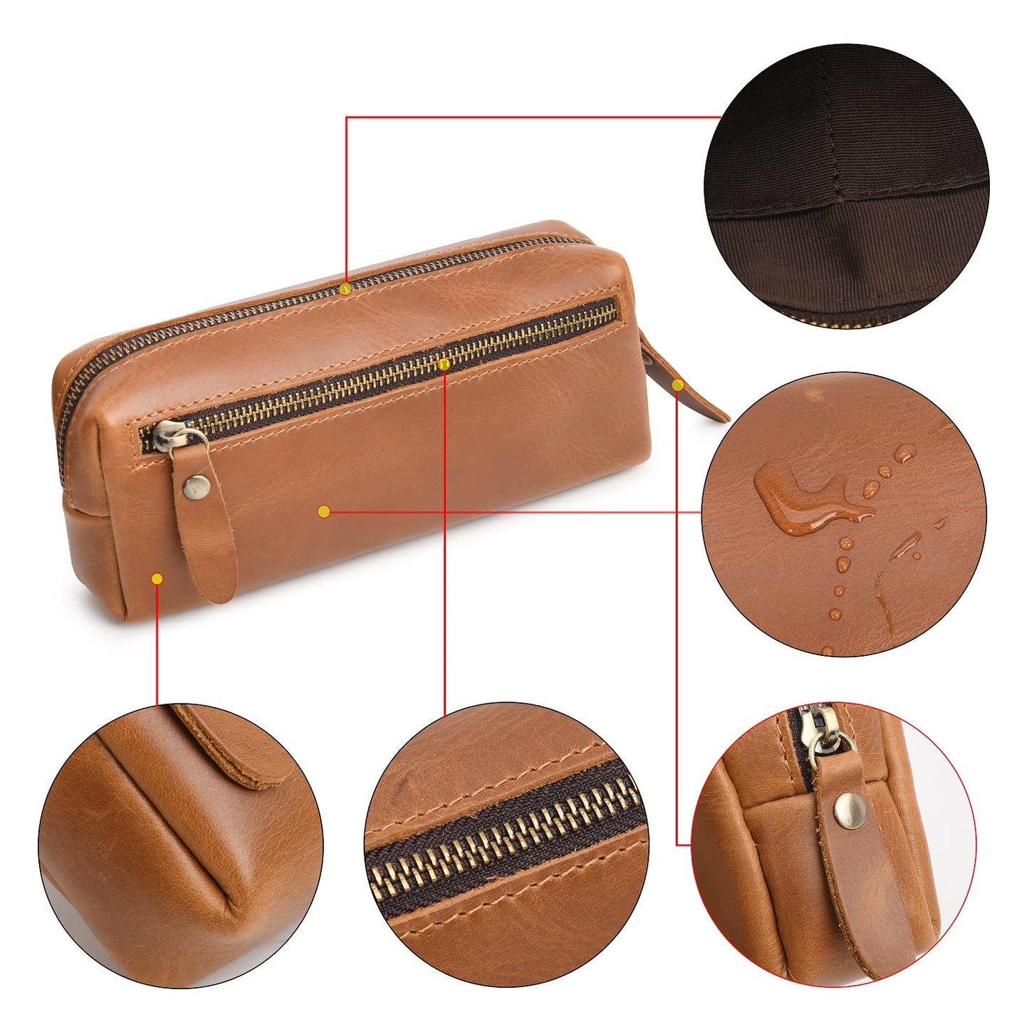 WONDERPOOL Pen Case Real Leather Pencil Pouch Markers Holder Big Capacity Bag with Side Zippered Pocket Sleeve for Stationery Makeup Utensils Organizer (Light brown)