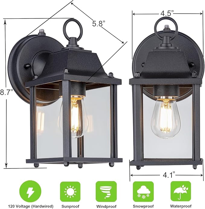 LIT-PaTH Dusk to Dawn Outdoor Wall Lantern, Wall Sconce Waterproof Porch Lighting Fixture, E26 Base, Aluminum Housing with Glass Shade, 1-Pack, Black