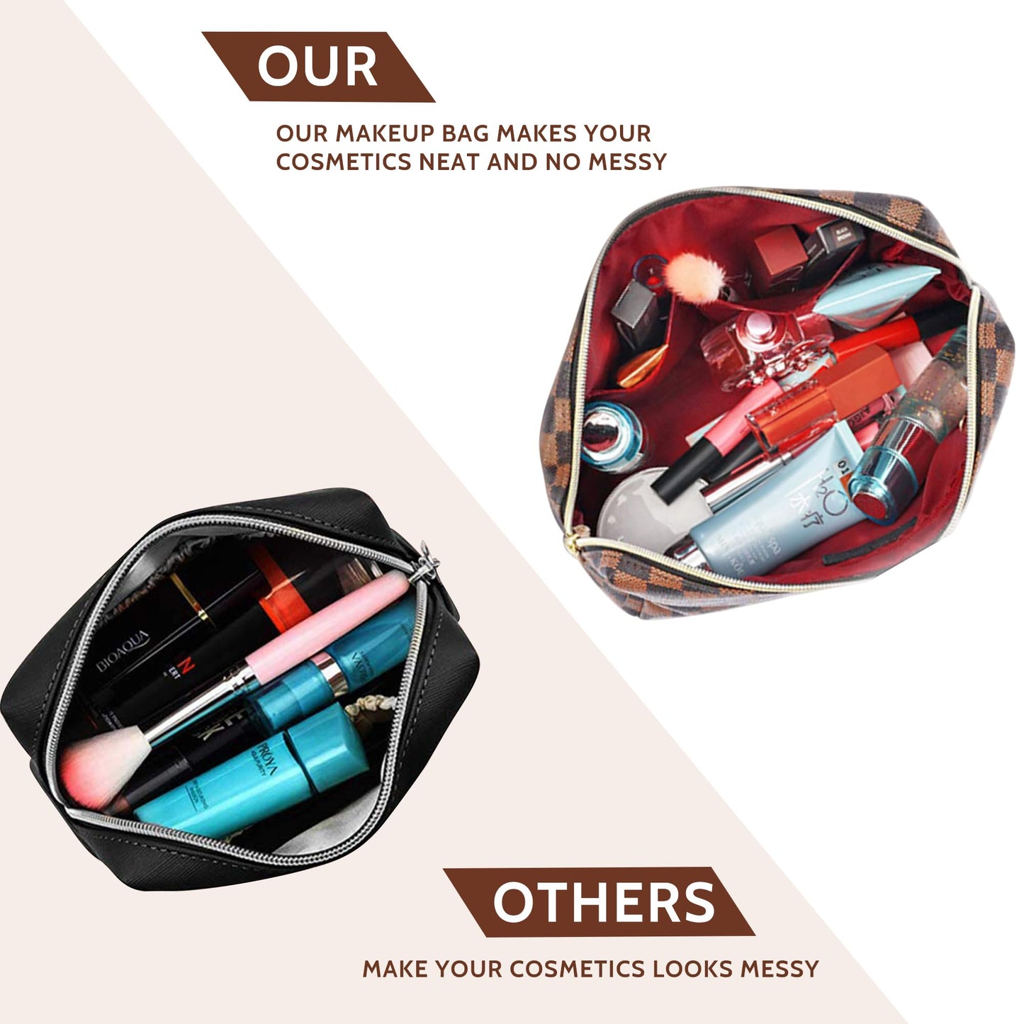 BAGMIND Checkered Makeup Bag Set for Women, 2PCS PU Leather Cosmetic Bag, Large Travel Toiletry Organizer with Small Zipper Pouch, Water-Resistant Makeup Bag for Travel