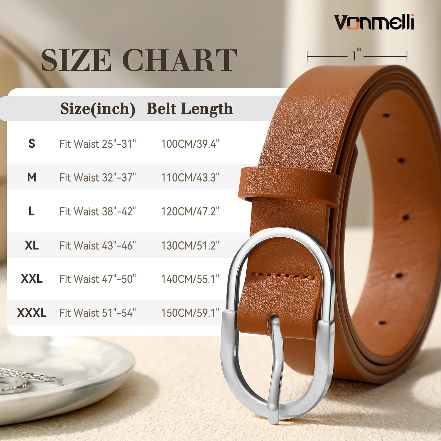 VONMELLI 3 Pack Women's Belts for Jeans Pants Fashion Silver Buckle Ladies Dress Belt Black Brown Beige M