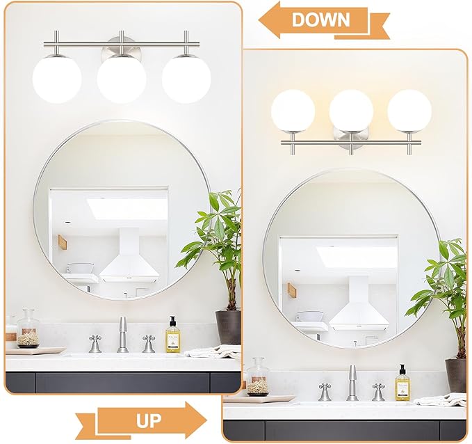 3-Light Bathroom Light Fixtures, Brushed Nickel Vanity Lights for Bathroom with Milky White Ball Shades, 18.9 inch Bathroom Lighting Fixtures Over Mirror, Wall Sconce for Bedroom (Exclude G9 Bulb)