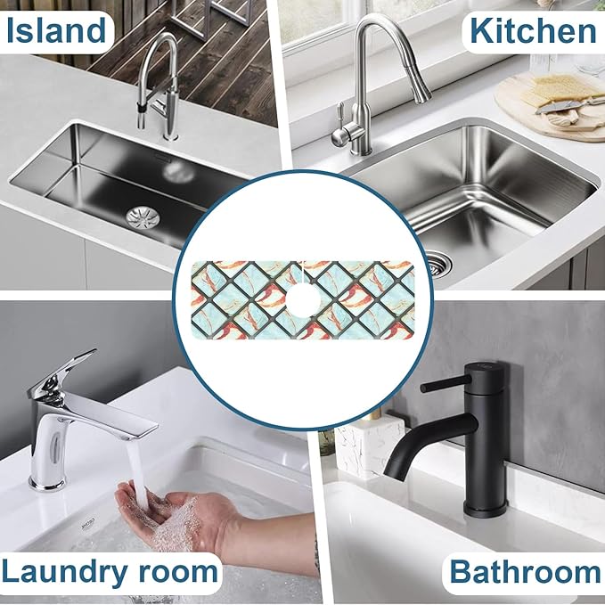 Rendering Marble Sink Splash Guard Faucet Mat Blue Wall Tiles Super Absorbent