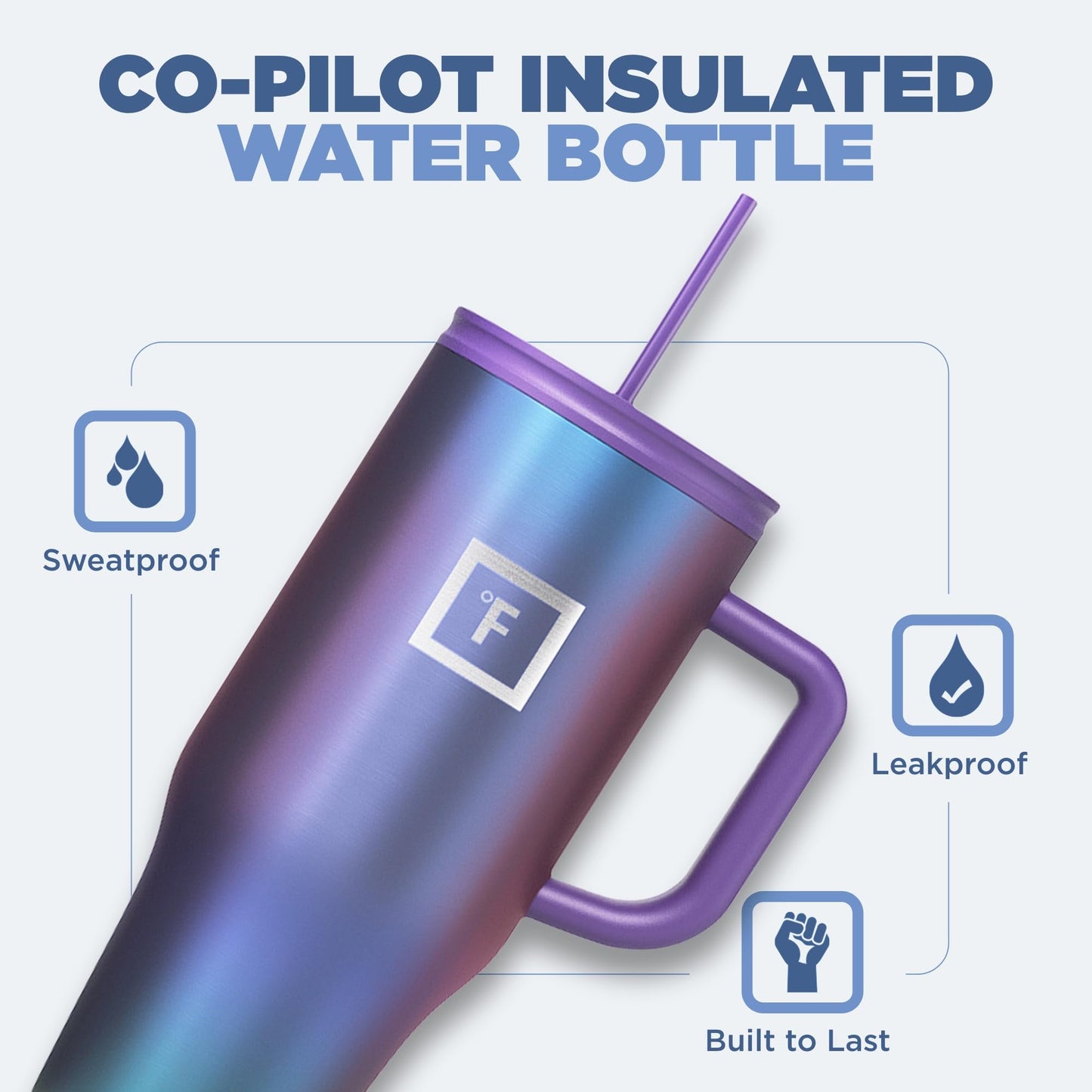IRON °FLASK Co-Pilot Insulated Mug w/Straw & Flip Cap Lids - Cup Holder Bottle for Hot, Cold Drink - Leak-Proof - Water, Coffee Portable Travel Mug - Aurora, 32 Oz