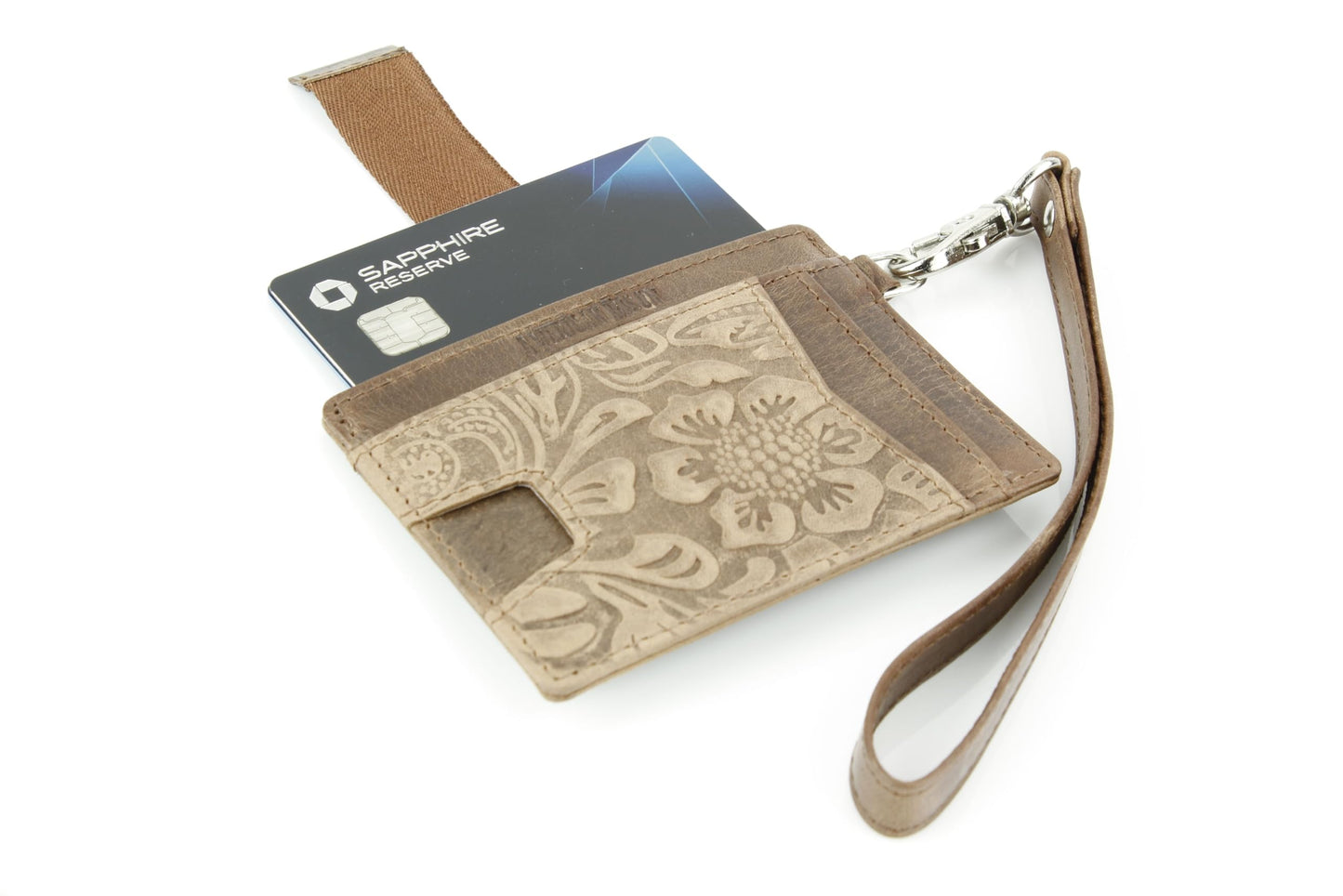 American Bison Embossed Floral Wristlet Wallet for Women – Small ID Card Holder with Credit Card Slots & Pull Tab Organizer – Compact Leather Wrist Strap Clutch (Brown)