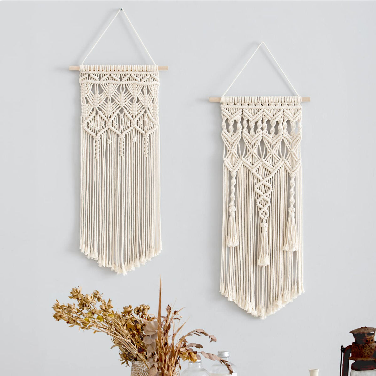 Mkono 2 Pcs Macrame Woven Wall Hanging Boho Chic Geometric Art Decor - Beautiful Bedroom Nursery Apartment Home Decoration, Gift for Girls Adults Birthday Christmas, 28" L x 13" W