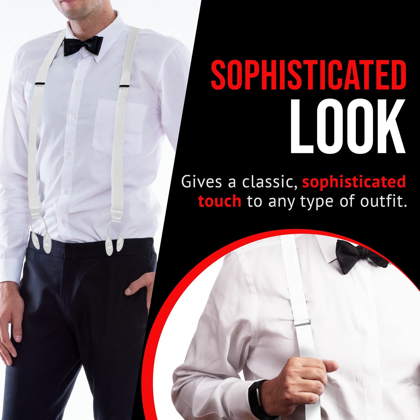 HOLD'EM Tuxedo Button Suspenders for Men – Black Mens Dress Suspenders | 100% Genuine Leather | Formal Daily Use | Made in USA | Regular 32–46" Tall 40–54" | White (Regular 46" Long)