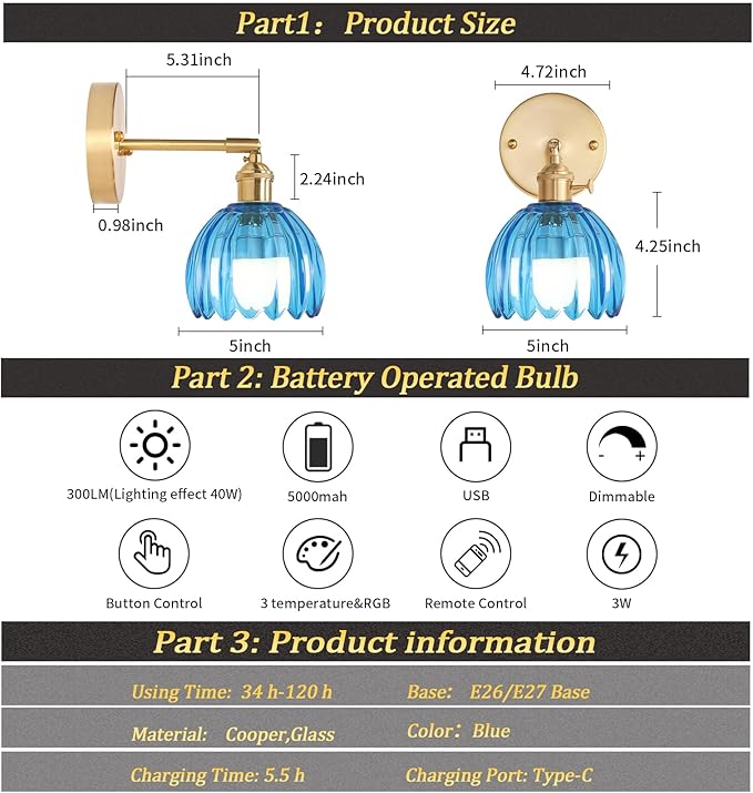 Vintage 5000 mAh Battery Operated Wall Sconce with Blue Clear Tulip Glass Lampshade Rechargeable Battery Powered Wall Light with Remote Control for Bedroom Doorway, Set of 2