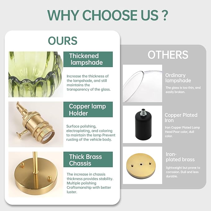 Battery Operated Wall Sconce with Green Tulip Shade Pattern Glass Adjustable Chain Retro Gold Wall Mounted Light, Modern Wall Lamp Fixtures Decor for Bedside Bedroom Indoor Doorway