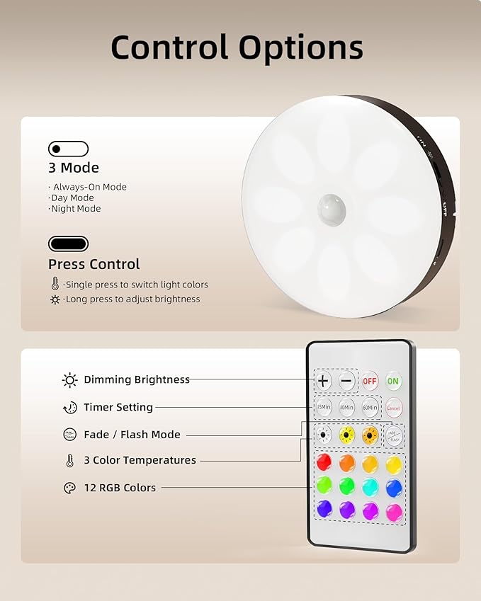 EZVALO Under Cabinet Lighting,1000mAh Rechargeable Puck Lights with Remote,3 Color Temps & 12 RGB Motion Sensor Closet Lights Indoor, Dimmable Under Counter Lights for Kitchen, Shelf Black (6 Packs)