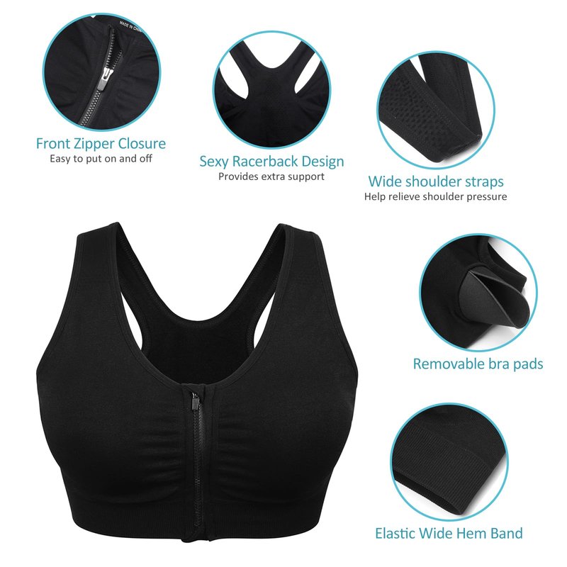 Women's Zip Front Sports Bra Wireless Post-Surgery Bra Zipper Closure Bras Padded Surgical Bra Racerback Workout Gym Yoga Bras 3 Pack Zip Up Compression Bras