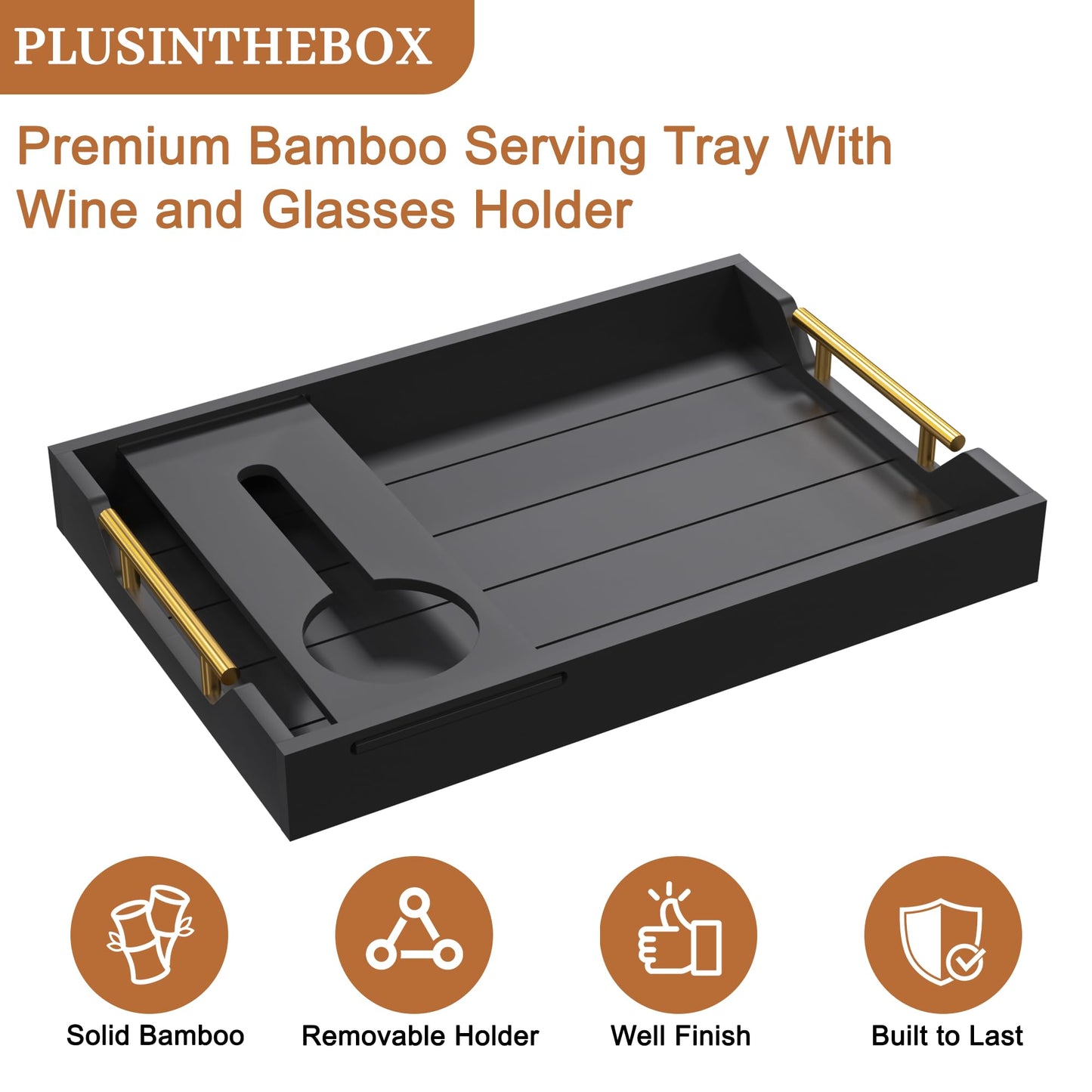 Black Wood Serving Tray with Removable Wine Glass Holder, Couch Snack Tray for Movie Night, Sofa, Ottoman, Coffee Table, Wedding and Housewarming Gift
