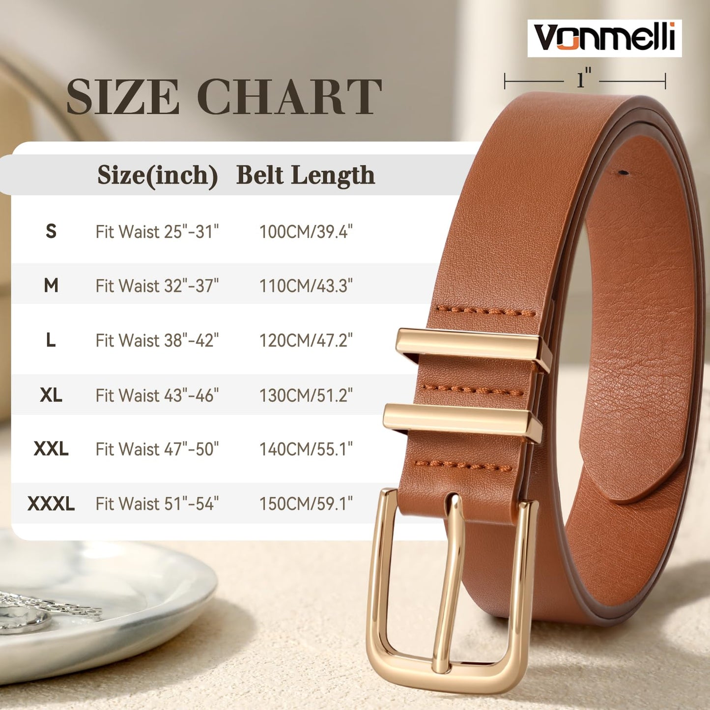 VONMELLI 3 Pack Women's Belts for Jeans Pants Fashion Gold Buckle Ladies Dress Belt, Black+Brown+Beige S