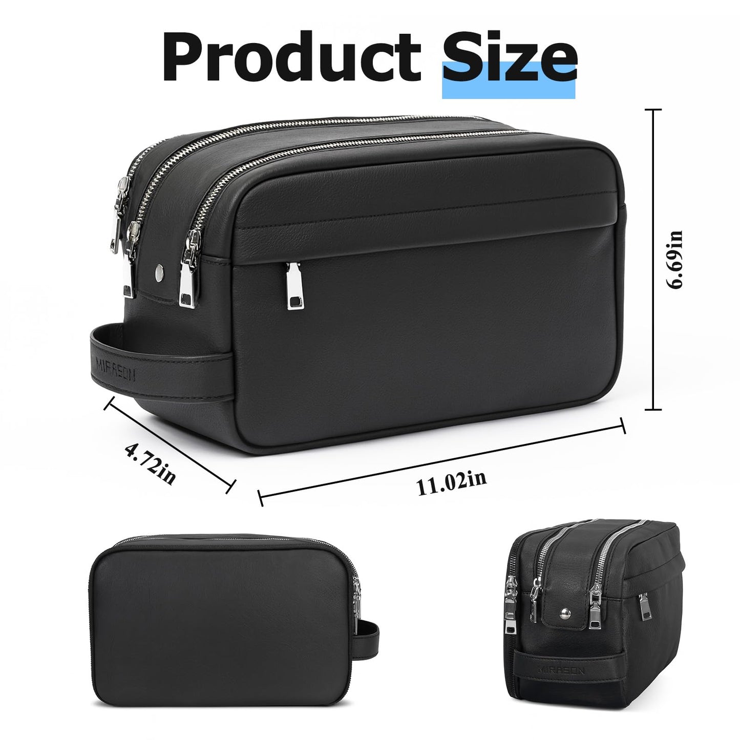 MIRASON Travel Toiletry Bag for Men Thickened Leather Travel Bag for Toiletries, Dopp Kit Water-resistant Shower Bag for Shaving Gym Bathroom Organizer Gifts for Men, Black