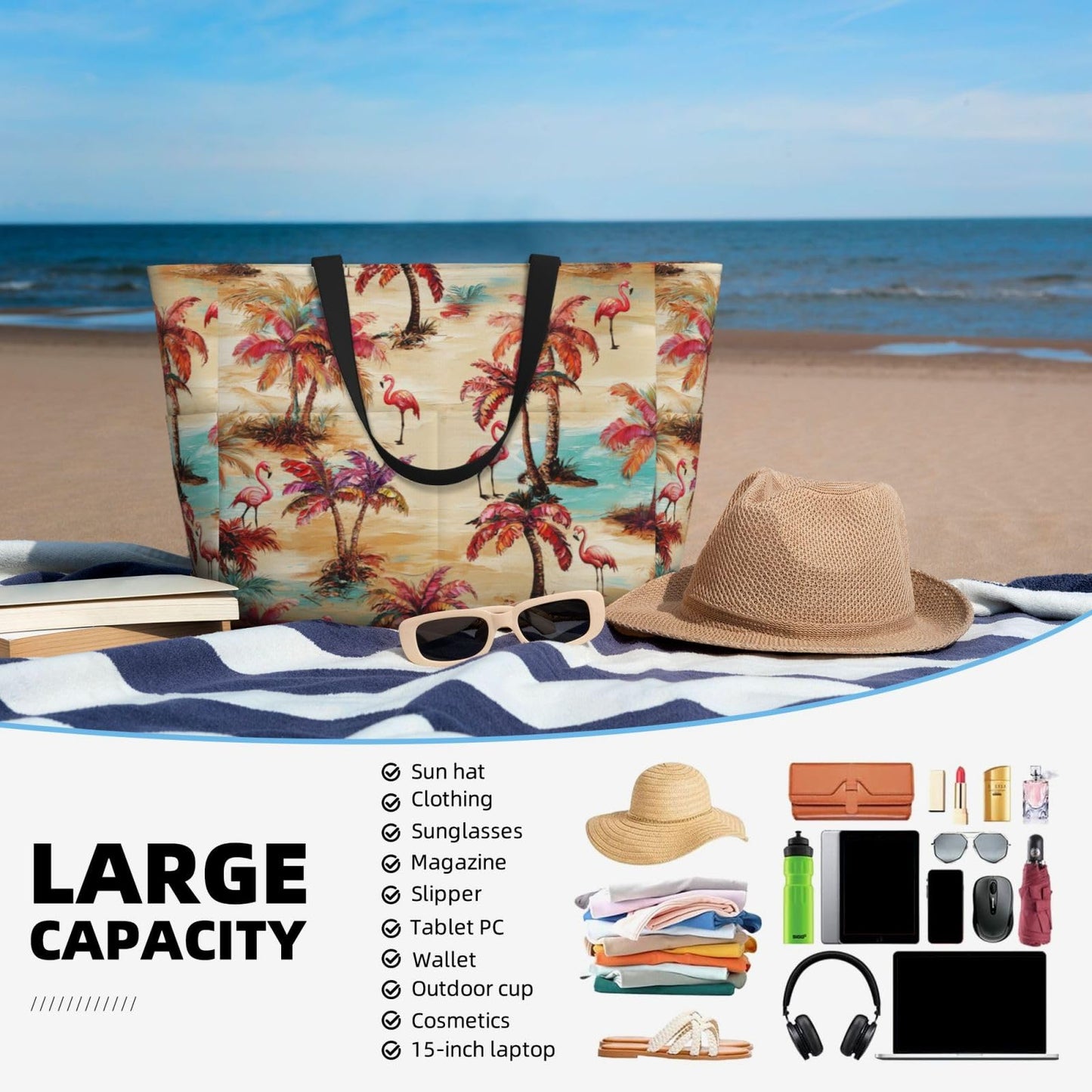 NLZI Beach Bag for Women Plam Tree Print Beach Tote Bag Waterproof Sandproof Large Bags with Zipper Big Capacity for Travel