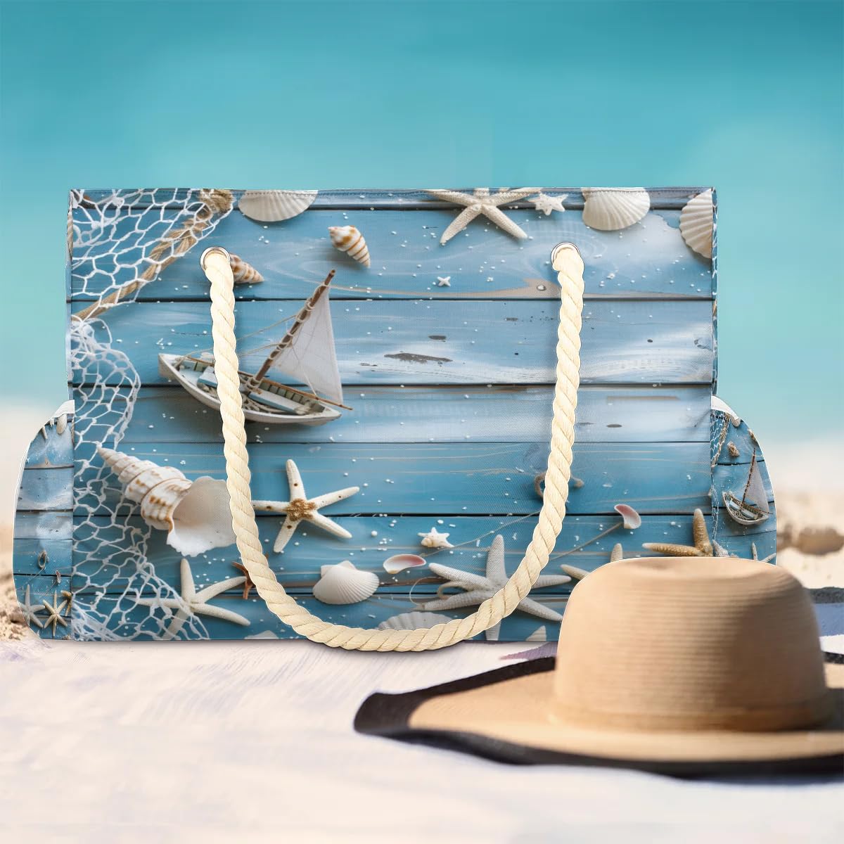 ModaQua Starfish Shell Nautical Beach Bags Waterproof Sandproof for Women, Large with Zipper Pool Beach Tote Reusable Grocery Shoulder Bag for Swim Travel Shopping Vacation Picnic