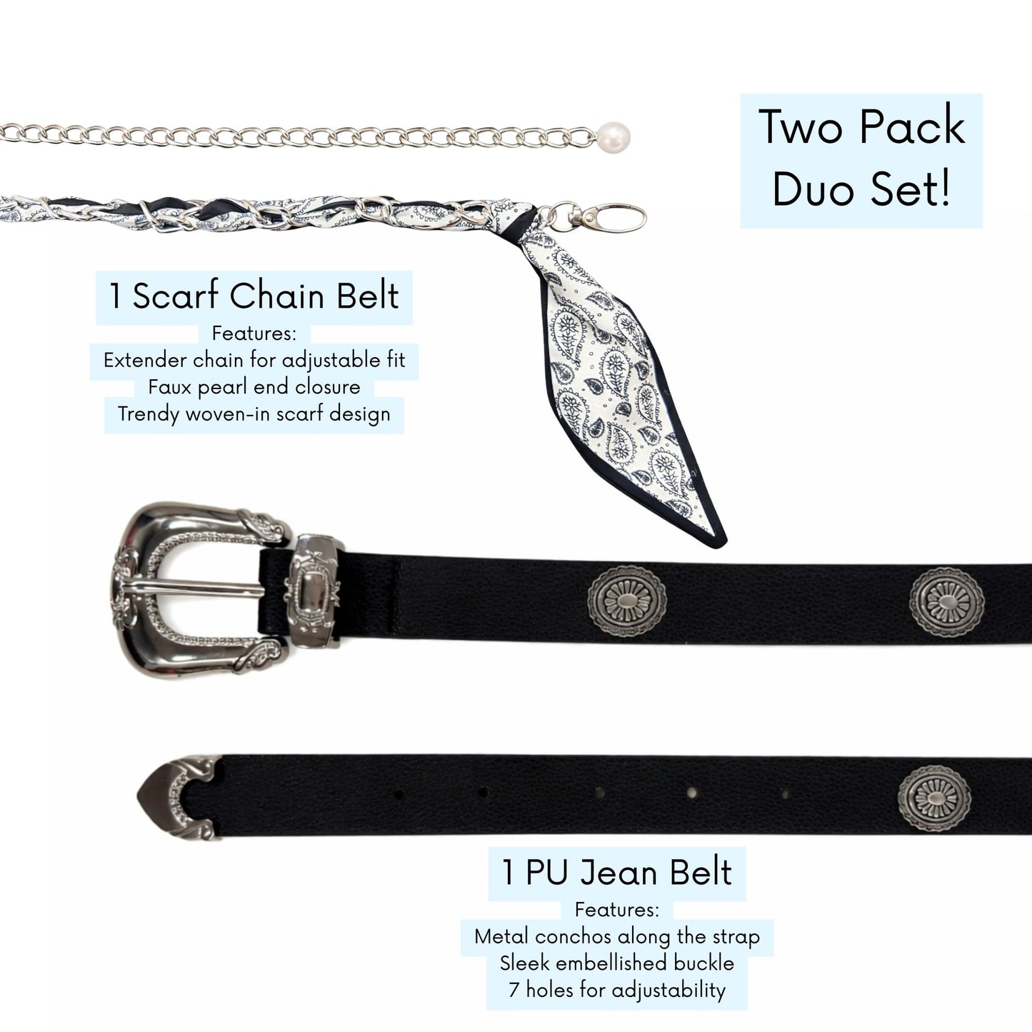 Women’s 2-Pack Belts – Faux Leather Skinny Jean Belt and Scarf Chain Belt – Stylish Waist Accessories for Everyday Wear (Black with B/W Scarf Belt, L/XL)