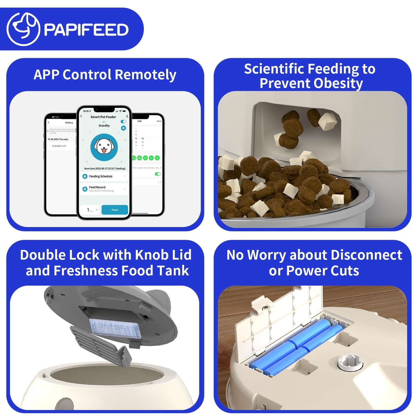 PAPIFEED Automatic Cat Feeder, 2.4G WiFi Auto Cat Food Dispenser with App Control, 3L Auto Pet Feeder with Dual Power Supply, Detachable for Easy Clean for Cats and Small Dogs, Grey