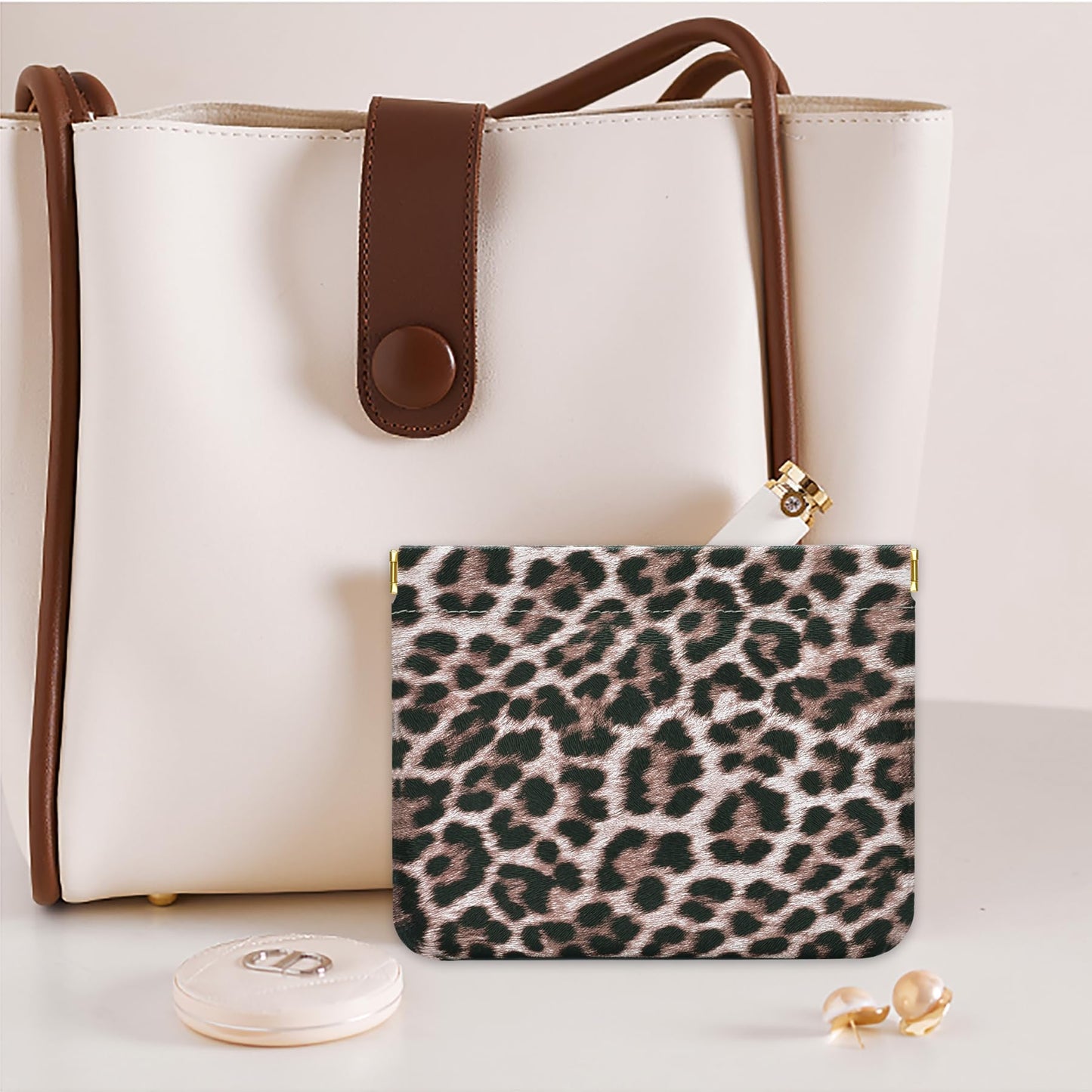 HIGH FIT Leather Pocket Cosmetic Bag for Purse,Coin Purse Lipstick Cosmetic Accessories Organizer, Travel Kit Storage Pouch,Waterproof Portable No Zipper Self-closing (Leopard print)