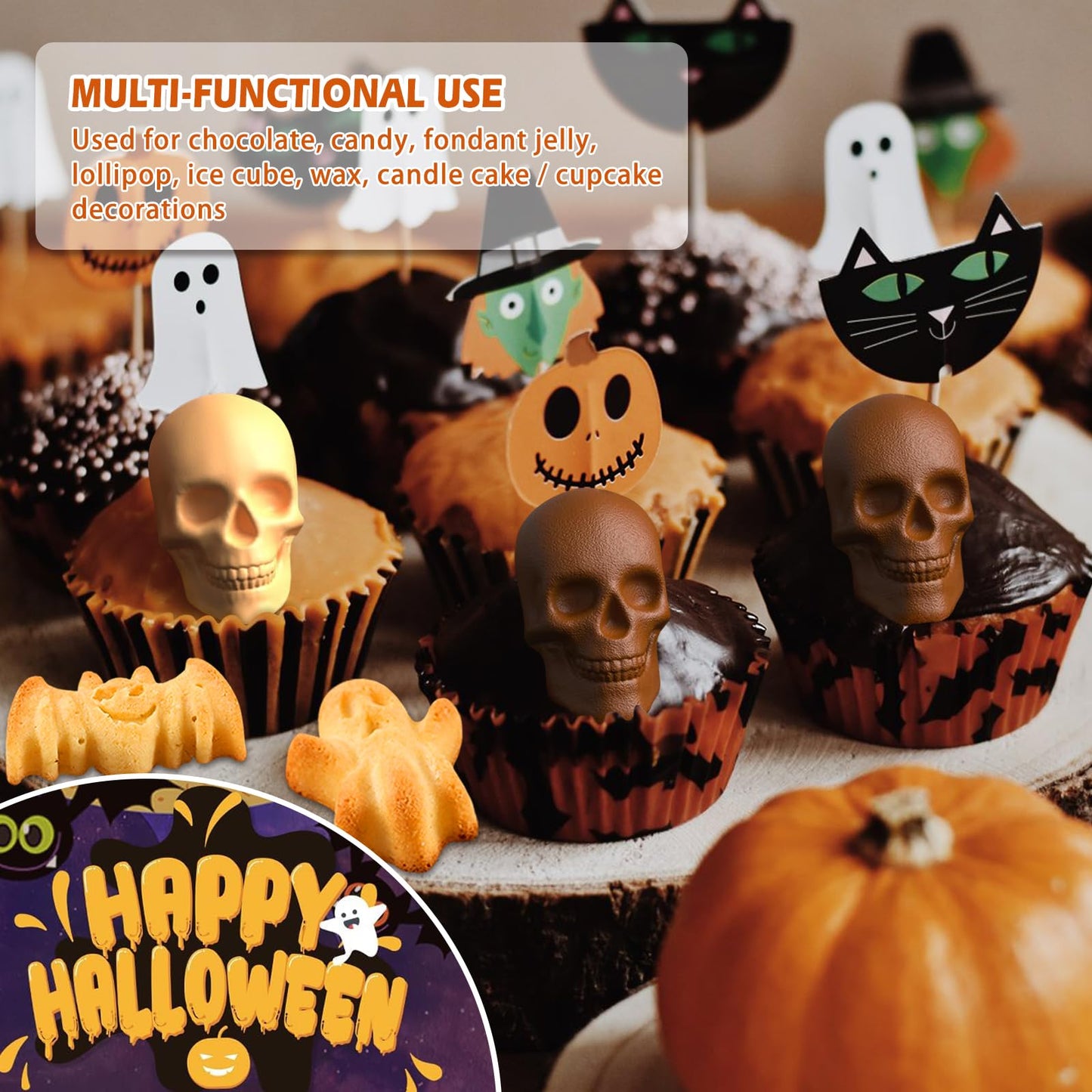 Qibiyuu Halloween Skull Cake Pan & Pumpkin Silicone Molds Set β 6 Cavity 3D Skull Baking Pan + 6 Halloween Shape Silicone Molds (Pumpkin, Ghost, Bat) for Cakes, Chocolate, Candy, DIY Party Baking