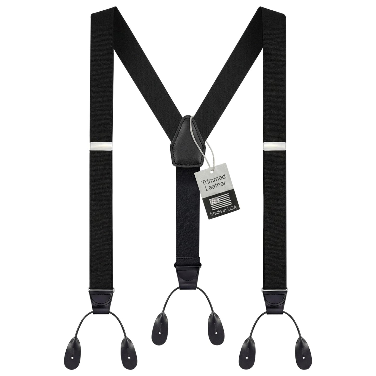 HOLD'EM Tuxedo Button Suspenders for Men – Black Mens Dress Suspenders | 100% Genuine Leather | Formal Daily Use | Made in USA | Regular 32–46" Tall 40–54" | Black (Regular 46" Long)