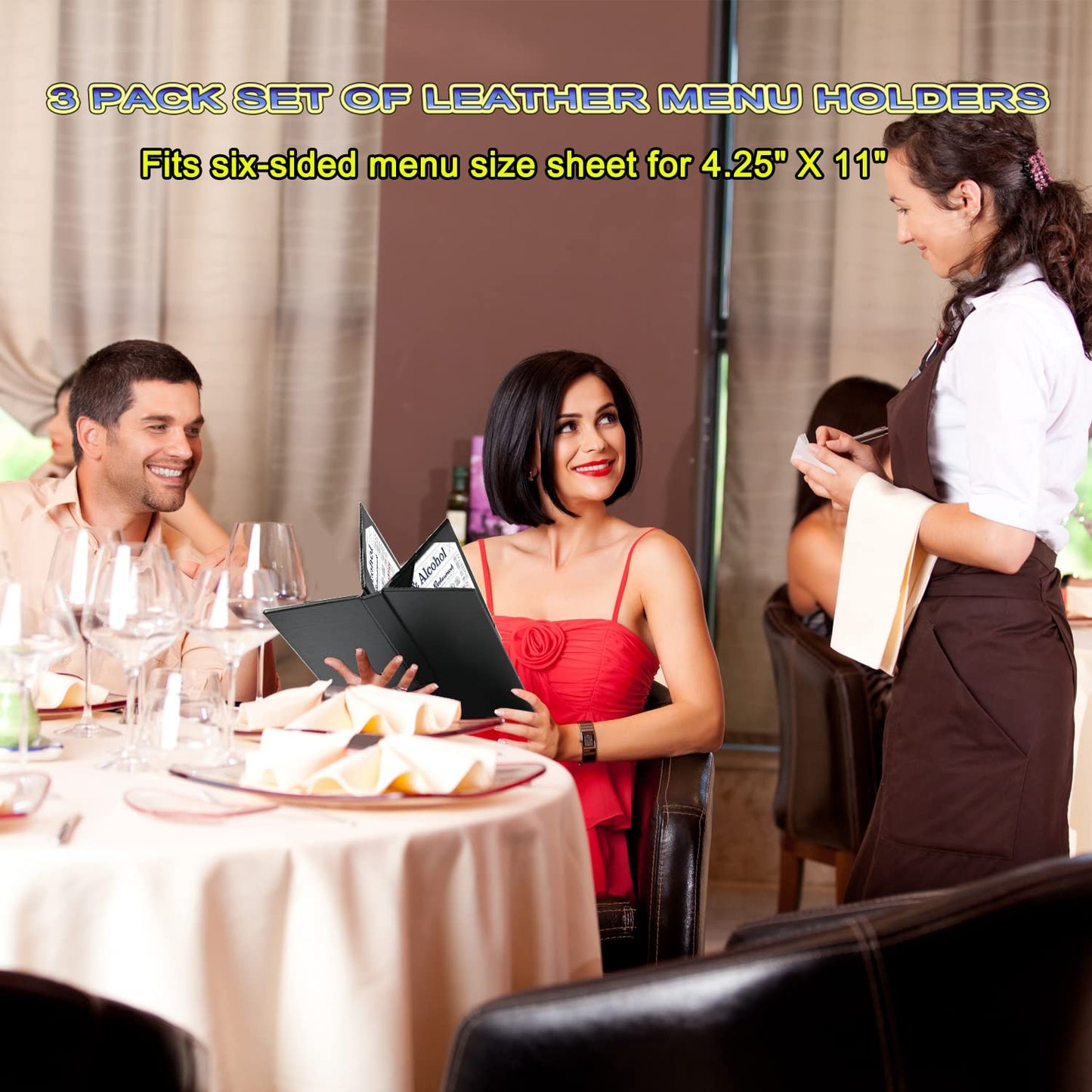 WFD.L 3 Packs Leather Menu Holder for 4.25x11 inch menus, Menu Covers Six Views Menu Covers for Restaurant Coffee Bars Hotel, Restaurant Covers 6 Views