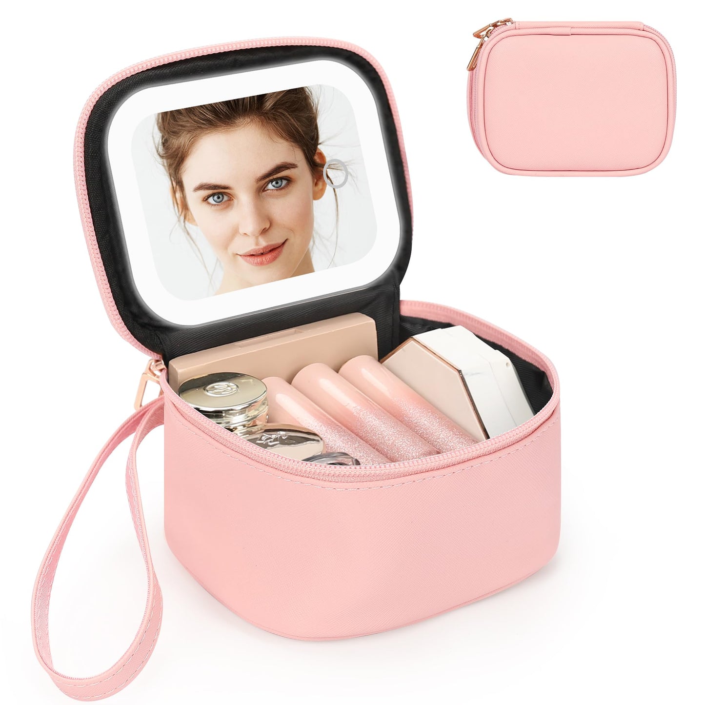 Relavel Mini Makeup Bag with Led Mirror, Small Cosmetic Bag with 3 Light Modes, Rechargeable Portable Makeup Pouch with Hands-Free Wrist Strap for Pool Parties丨Work Touch-Ups丨Travel - Pink