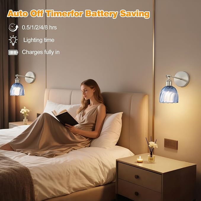 Vintage Battery Powered Cordless Wall Sconce Set of 2, Battery Wall Sconce with Blue Glass Lampshade, Rechargeable Battery Powered Wall Lights with Remote Control for Bedside Bedroom Doorway