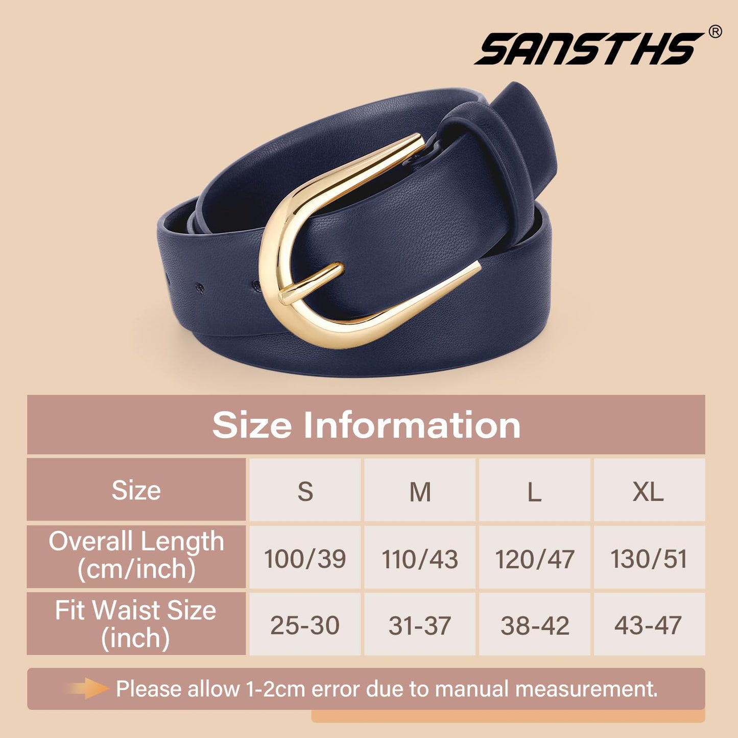 SANSTHS Women Belt for Jeans Pants Fashion Gold Buckle Ladies Dress Waist Belt,Navy,M