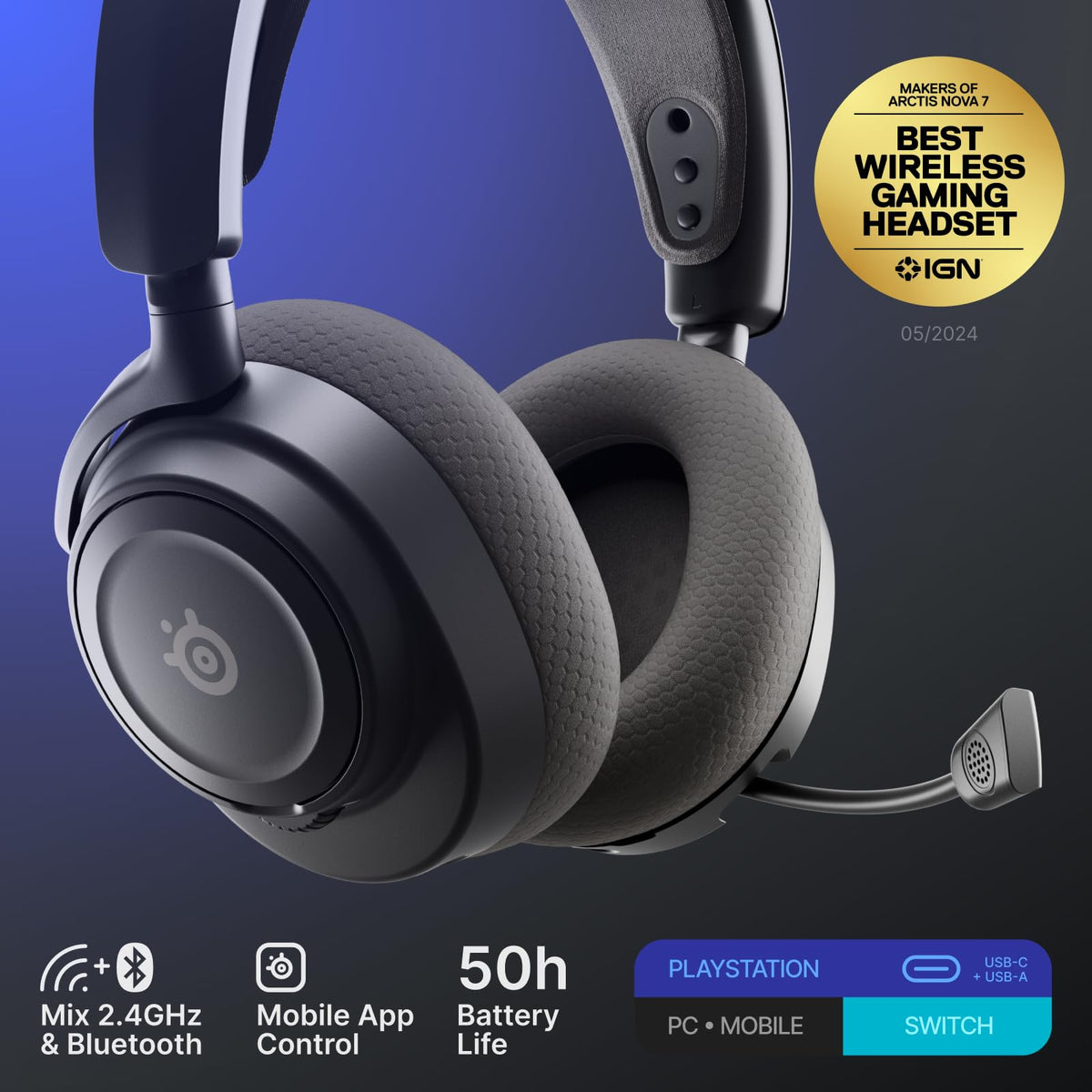 SteelSeries Arctis Nova 7P Wireless Gen 2 Gaming Headset - Real-Time App Control, 50+ HR Play, Neodymium Magnetic Drivers, Mix 2.4GHz/Bluetooth, PS5, PS4, PC, Switch 1/2, Mobile - Black
