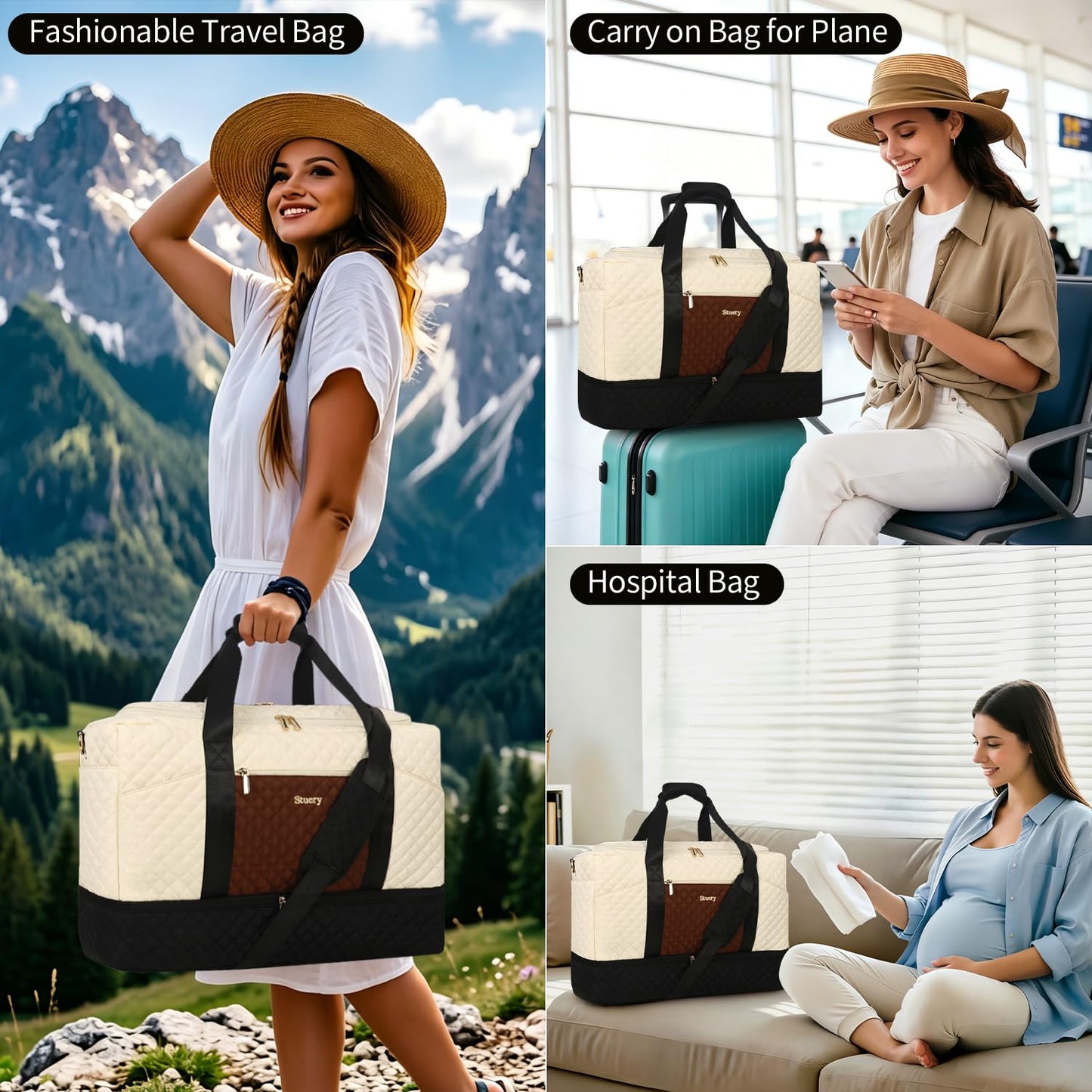 Stuery Weekender Bags for Women with Toiletry Bags: Large Overnight Bags Travel Duffel Bag Carry On Shoulder Weekend Tote with Shoe Compartment and Wet Pocket for Girls Airplane Traveling