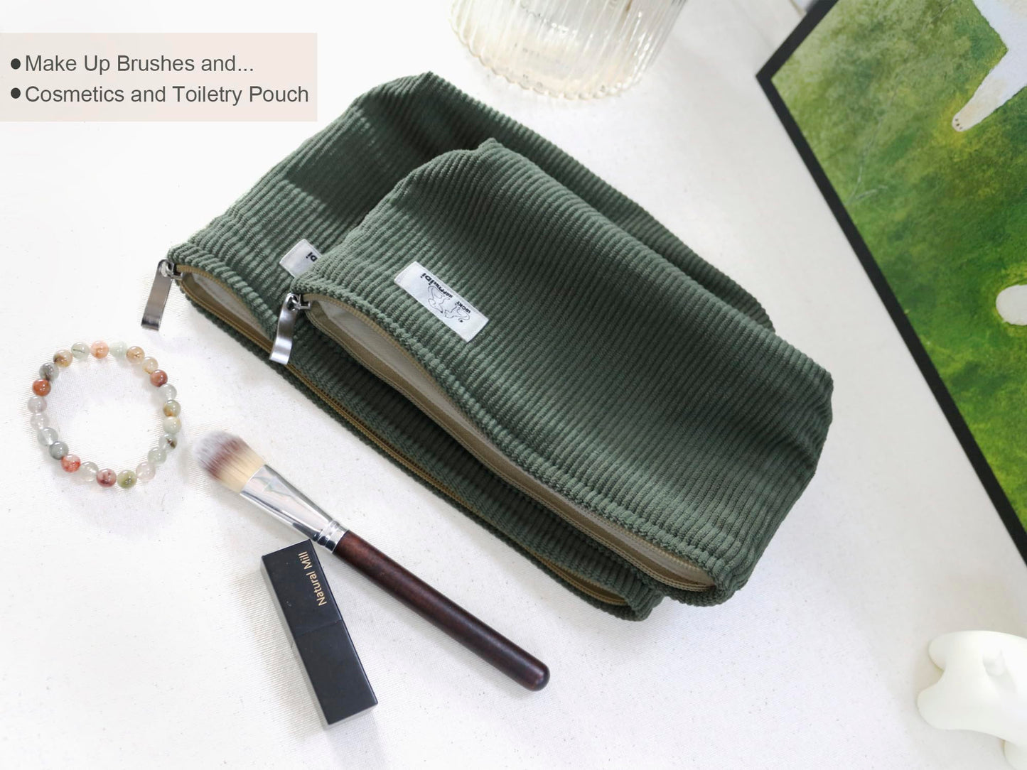 HAPPYHEIDI Corduroy Makeup Bag Set 3 Cosmetic Toiletry Travel Pouch Organizer for Purse Tote, Women Girls Gift, Large Medium Small, Solid Sage Green