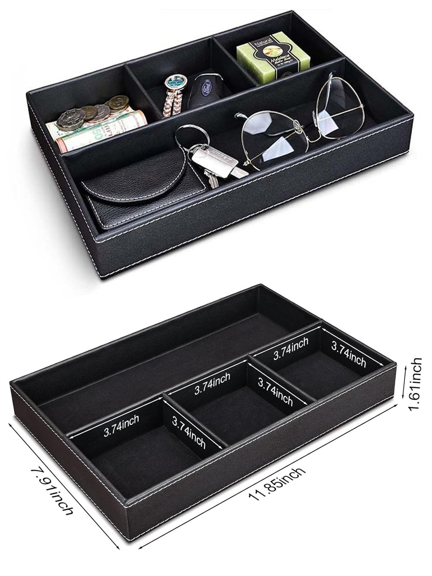 2 Pack Nightstand Drawer Organizer, Faux Leather Valet Tray for Men Women Stackable Jewelry Organizer for Drawers Caddy Tray for Key, Wallet, Watch, Sunglass, Coin, Phone, Bedside Desk-top Storage