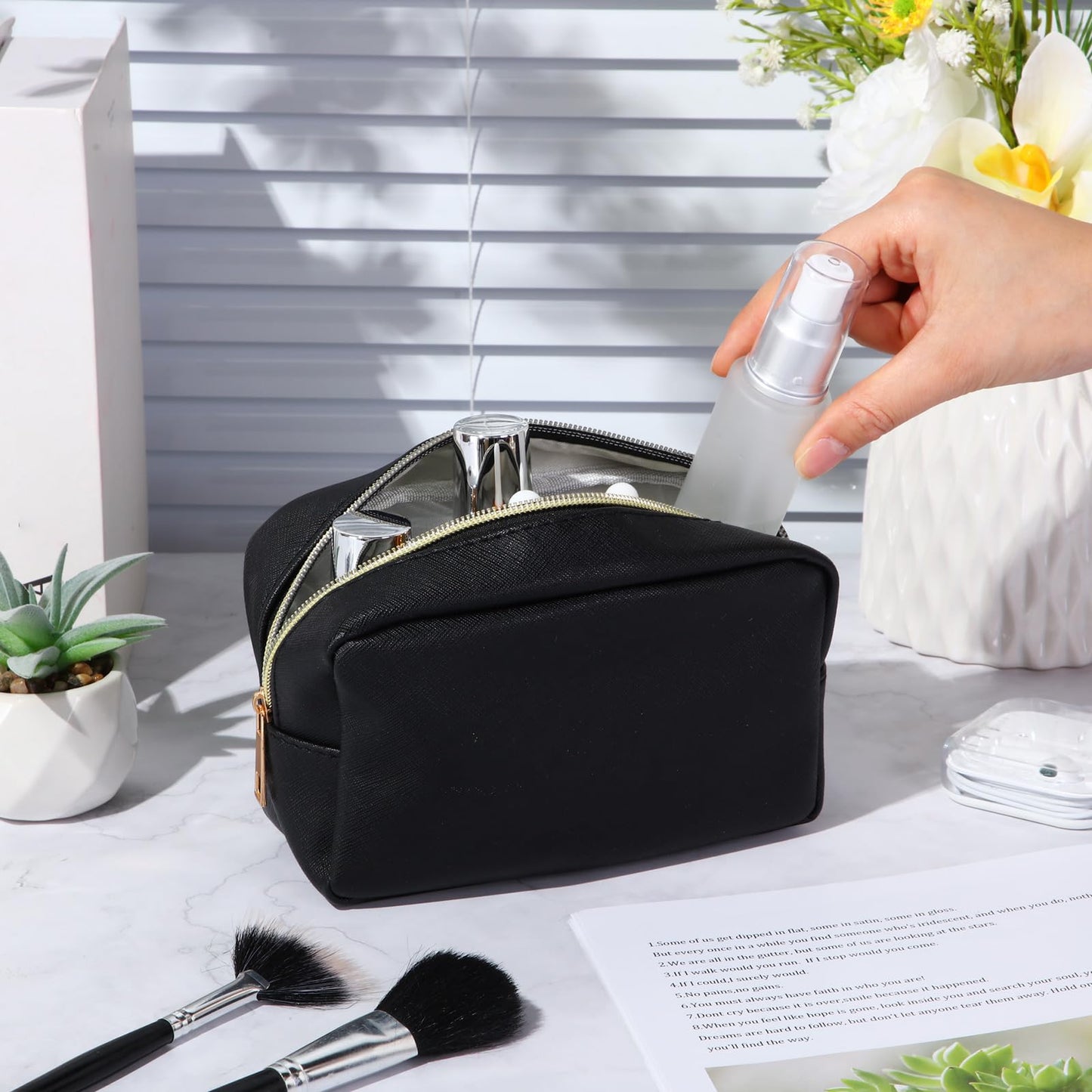 Sweetude 10 Pcs Makeup Bag Bulk for Women Preppy Gift PU Leather Cosmetic Bag Small Skincare Toiletry Pouch Wedding Travel Cosmetic Pouch for Bridesmaid Bride Mother Gift Favors (Black)