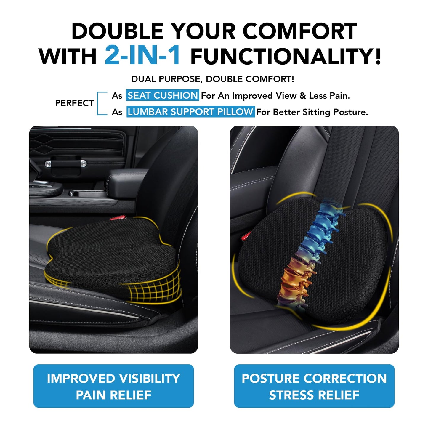 kingphenix Wedge Car Seat Cushion: Memory Foam Truck Seat Cushion for Car Seat Driver - Sciatica and Back Pain Relief - Enhancing Driving Comfort -Black