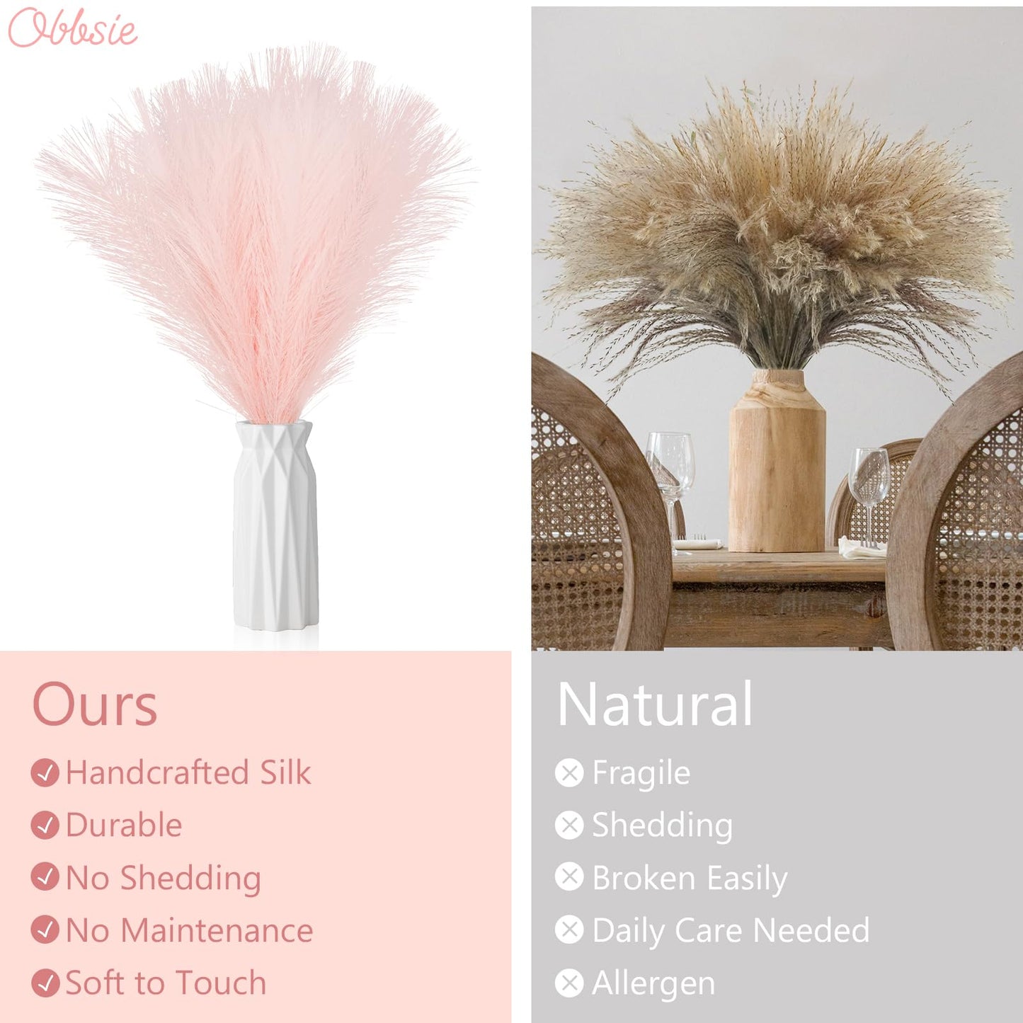 obbsie 50pcs Pink Faux Pampas Grass Decor, 21.6" Short Artificial Floral Branches Vase Filler Flower Arrangement for Home Wedding Boho Outdoor Decor