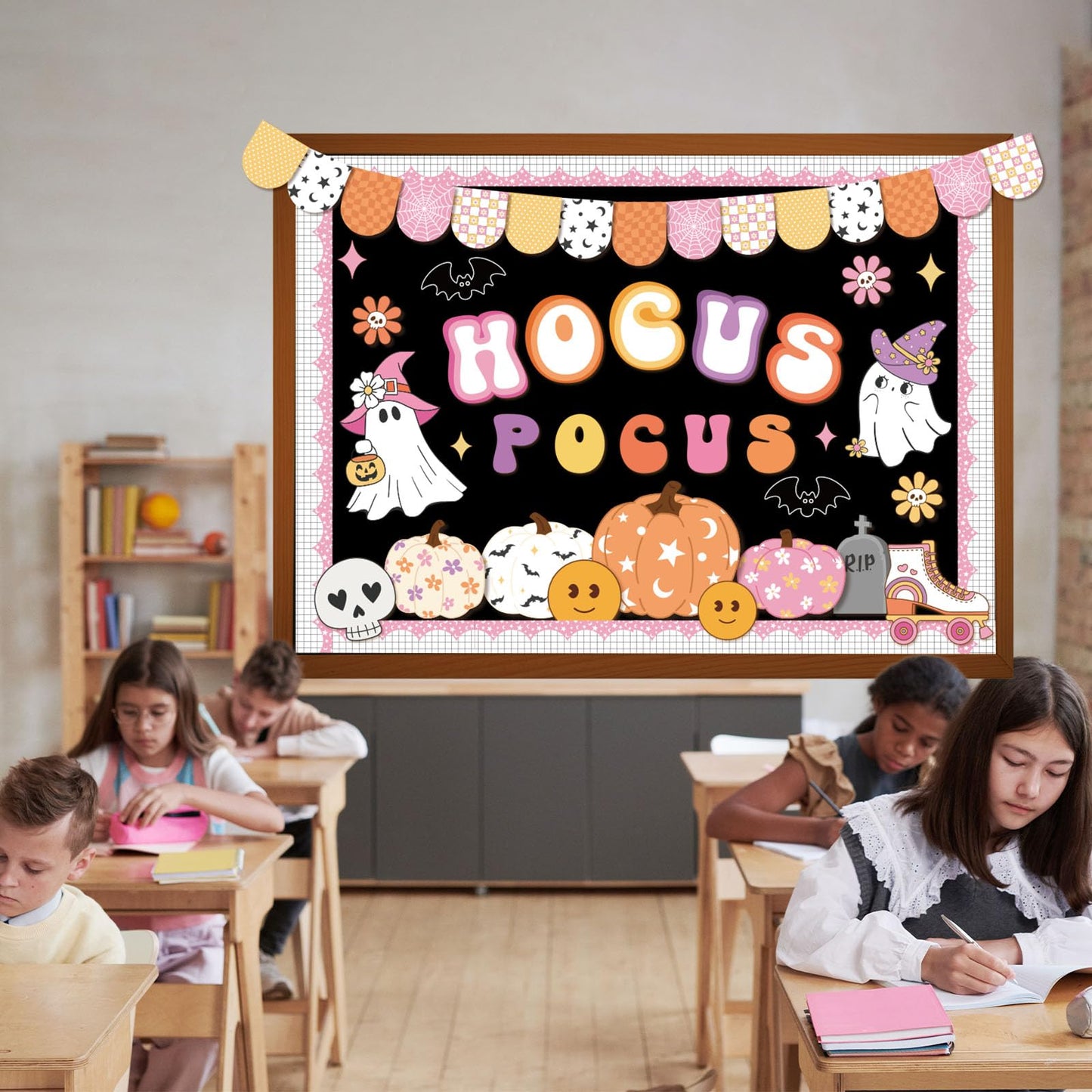 Pasimy Halloween Bulletin Board Decorations Set Halloween Theme Classroom Decor Spider Bat Ghost Pumpkin Cutouts with Borders for Home School Party Supplies (Hocus Pocus)