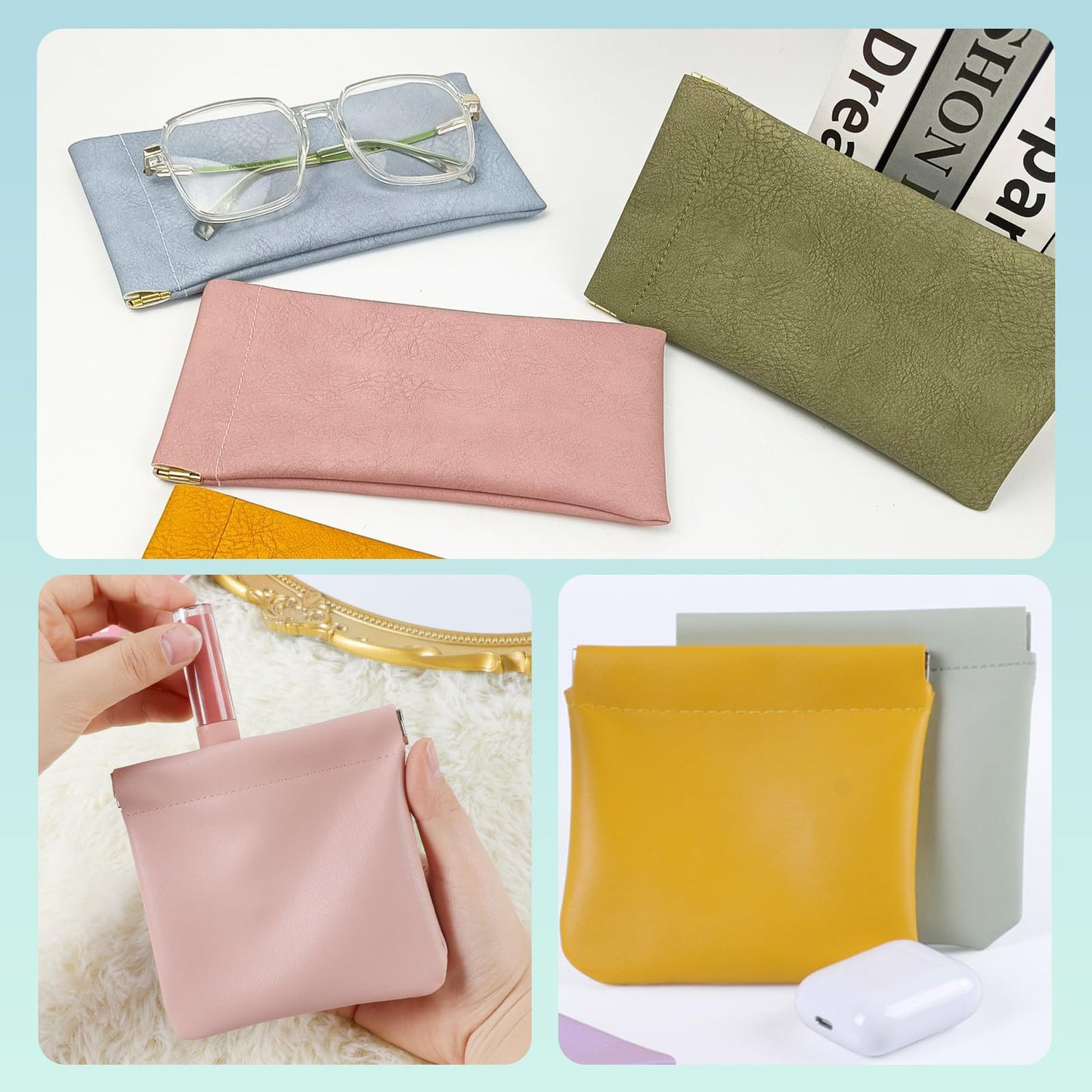 KJMYYXGS 10 pcs Personalized Snap Closure Leather Organizer Pouch for Purse Portable Jolly Wish Pouches Small No Zipper Self-Closing Lambskin Pocket Cosmetic Bag for Women