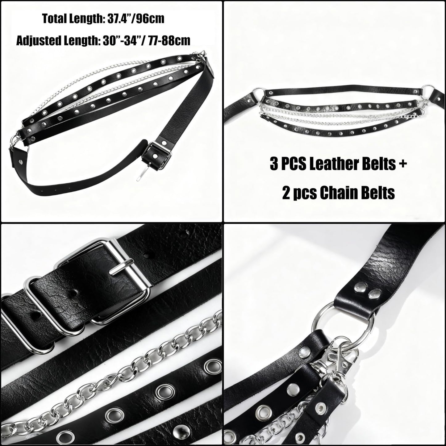 Aufordebatis Punk Goth PU Leather Layered Wasit Belt for Women, Adjustable Grunge Emo Rave Gothic Chain Belts Accessories (Black, S for Waist 30-34 in)