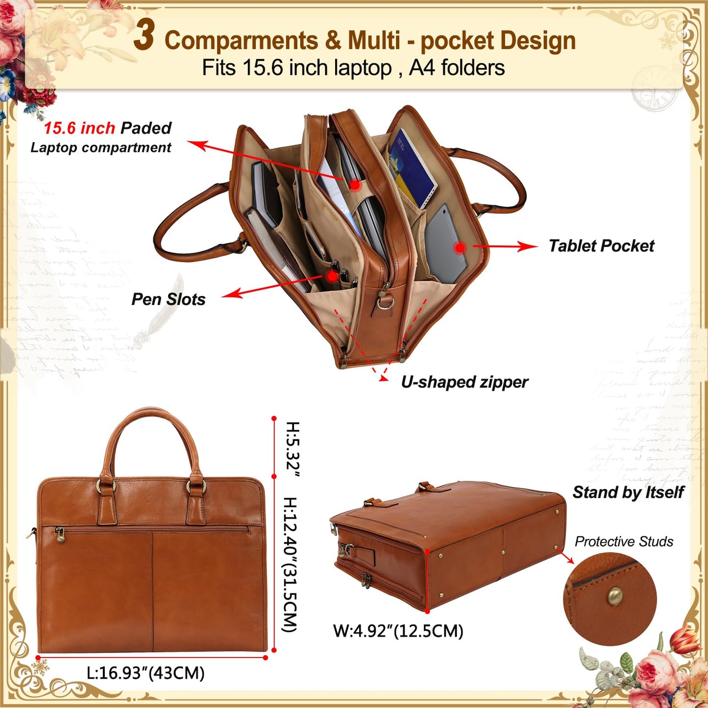 Banuce Premium Italian Full Grain Leather Briefcase for Women 15.6 Inch Laptop Bag Office Work Business Travel with Luggage Strap and Detachable Shoulder Strap Brown